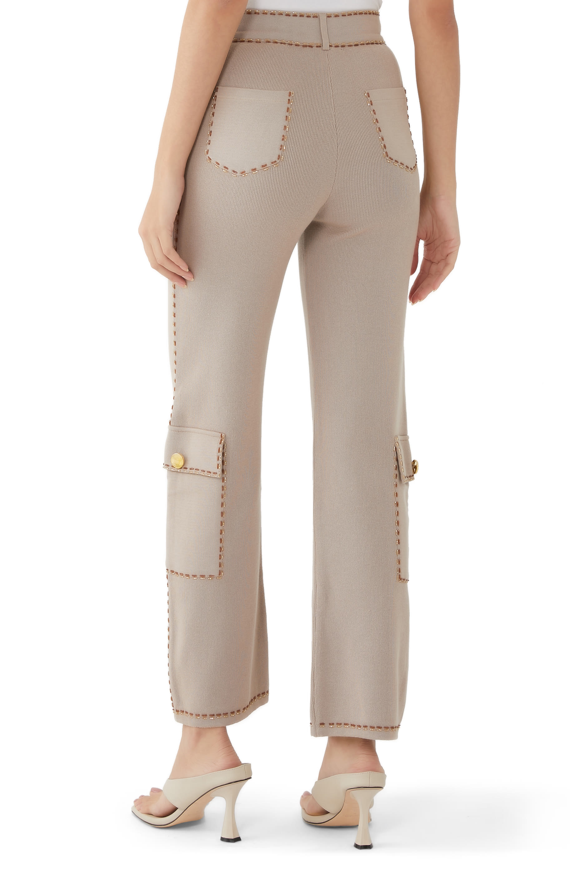 Straight Leg Flap Pocket Bead Trim Pants