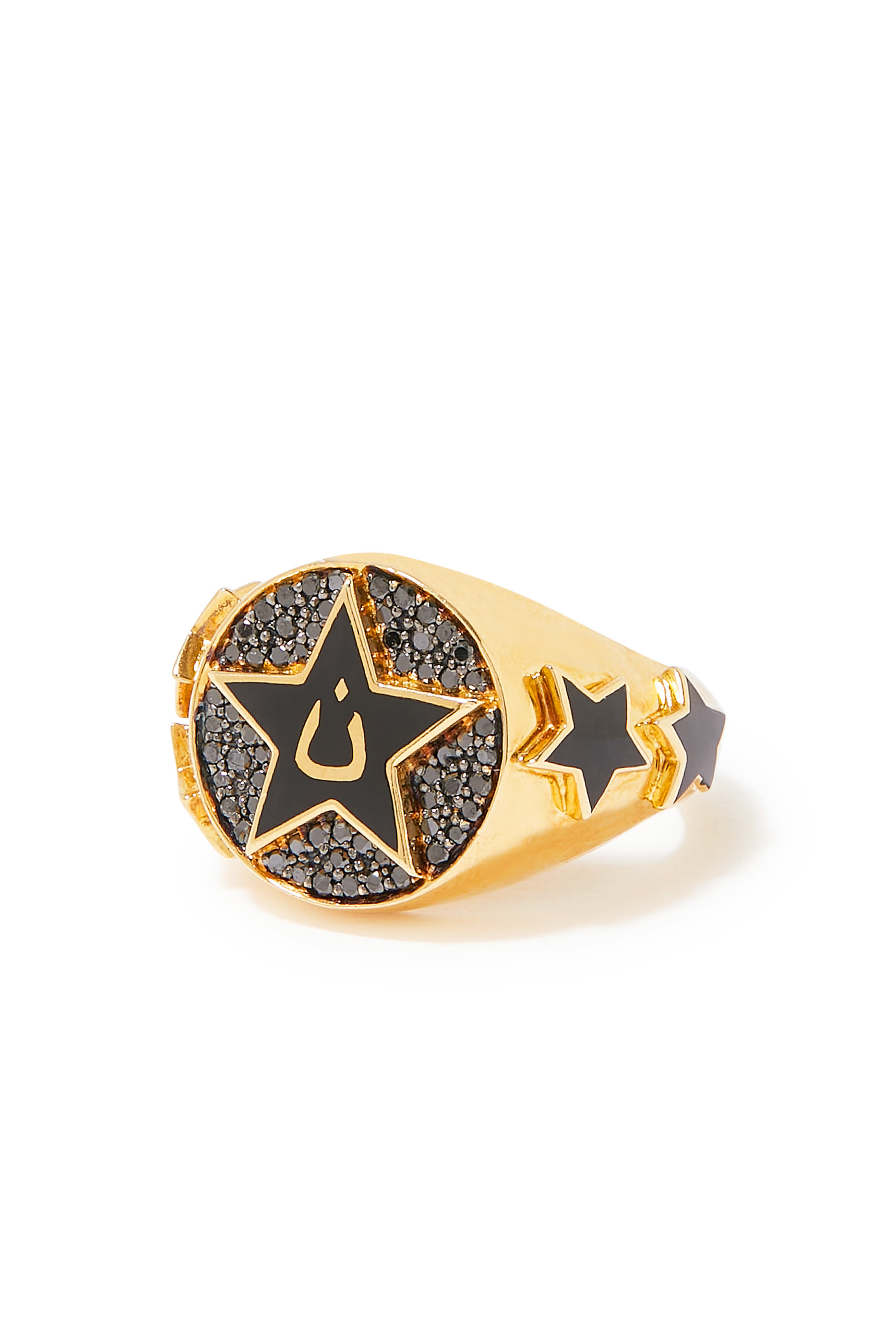 Nujum Letter N Star Signet Ring, 18k Yellow Gold & Black Diamonds