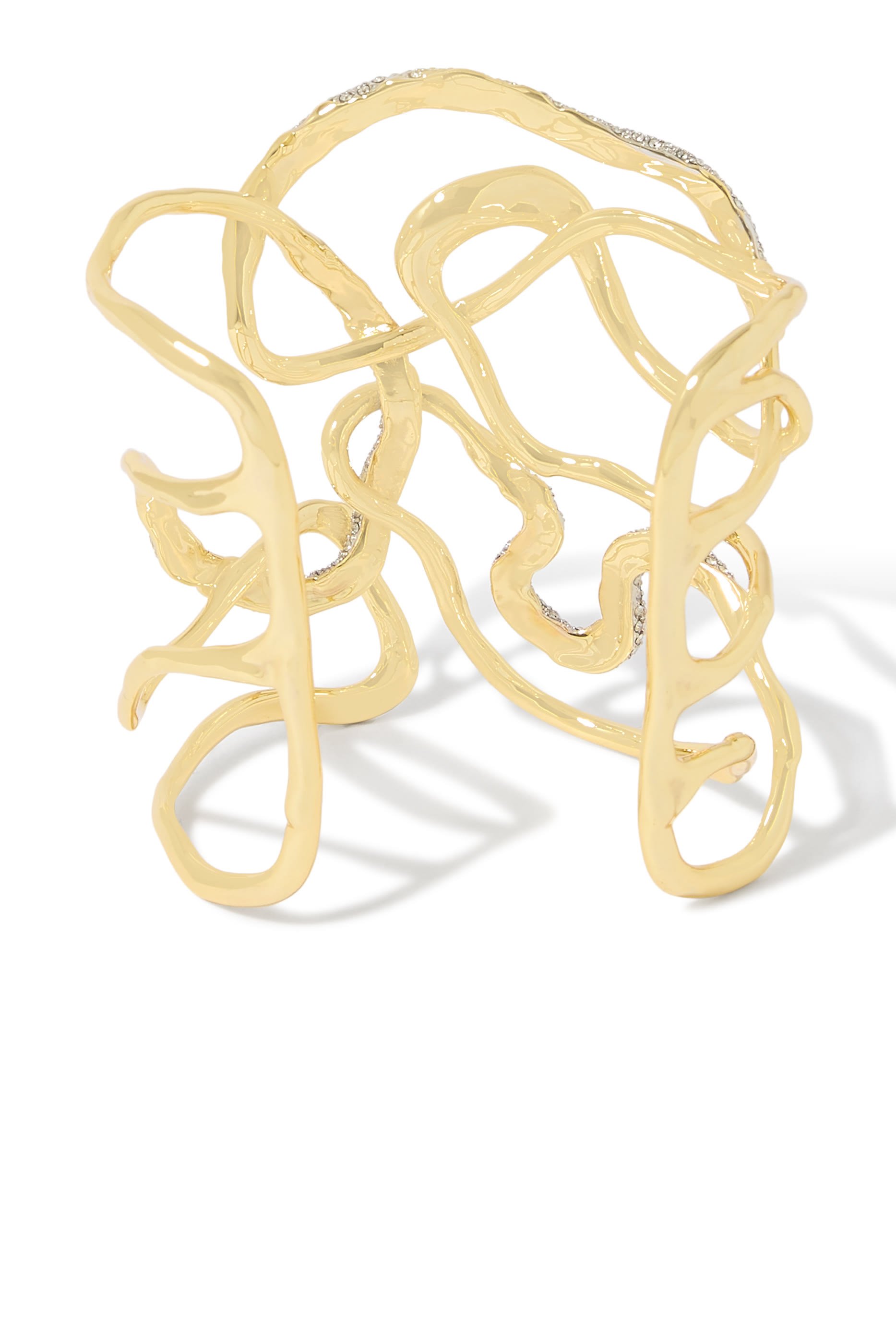 Solanales Crystal Intertwined Cuff Bracelet, 14k Gold Plated Brass with Rhodium Tone Plated Brass & Crystal