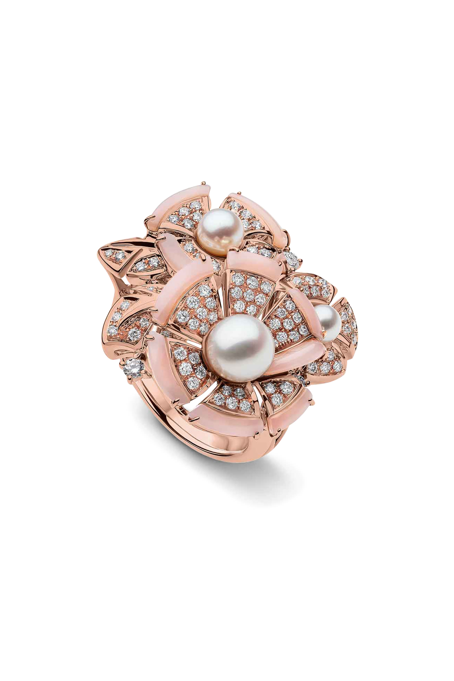 Cleopatra Ring, 18K Rose Gold with Freshwater Pearls, Pink Opal & Diamonds