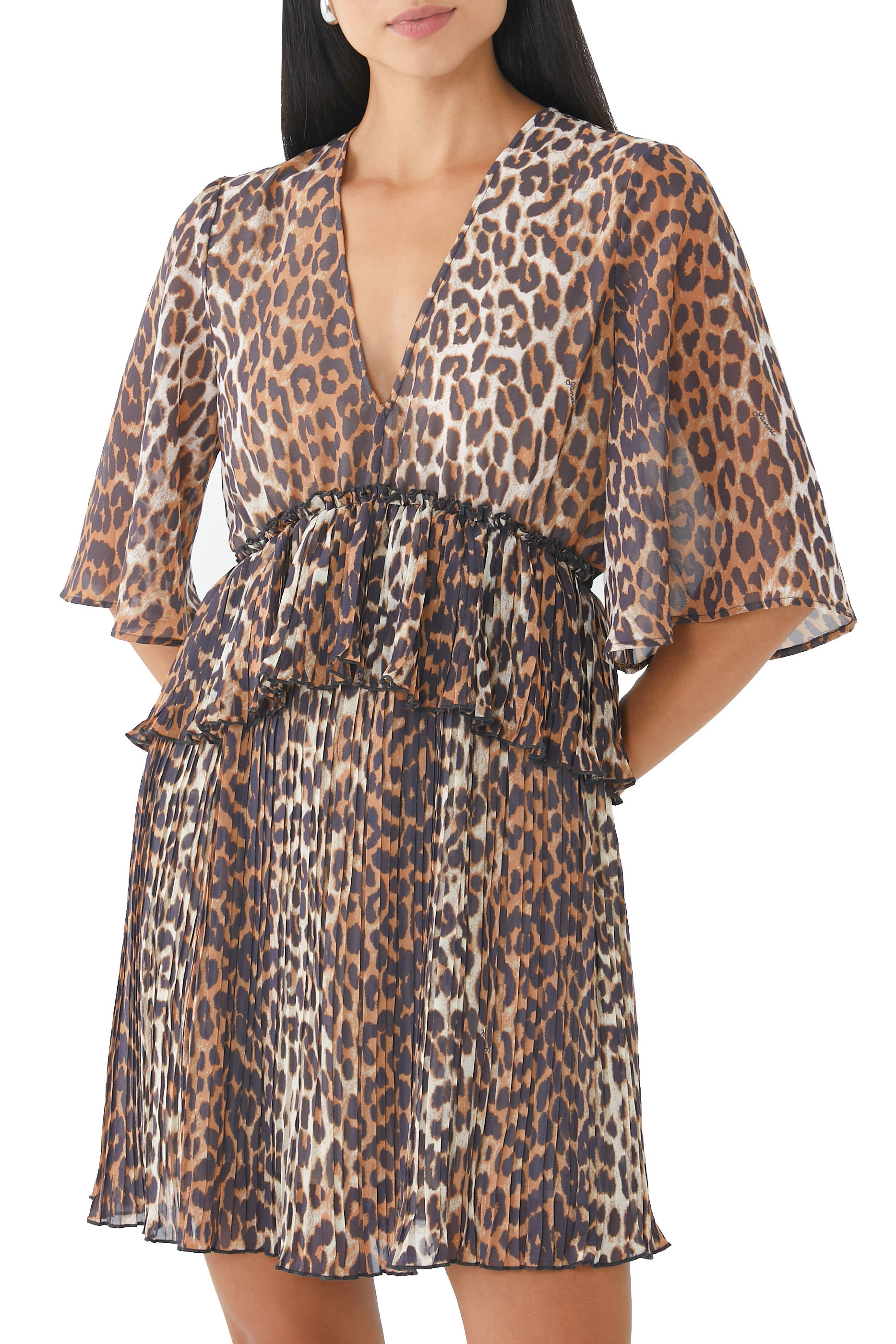 Georgette Pleated Flounce V-Neck Mini Dress