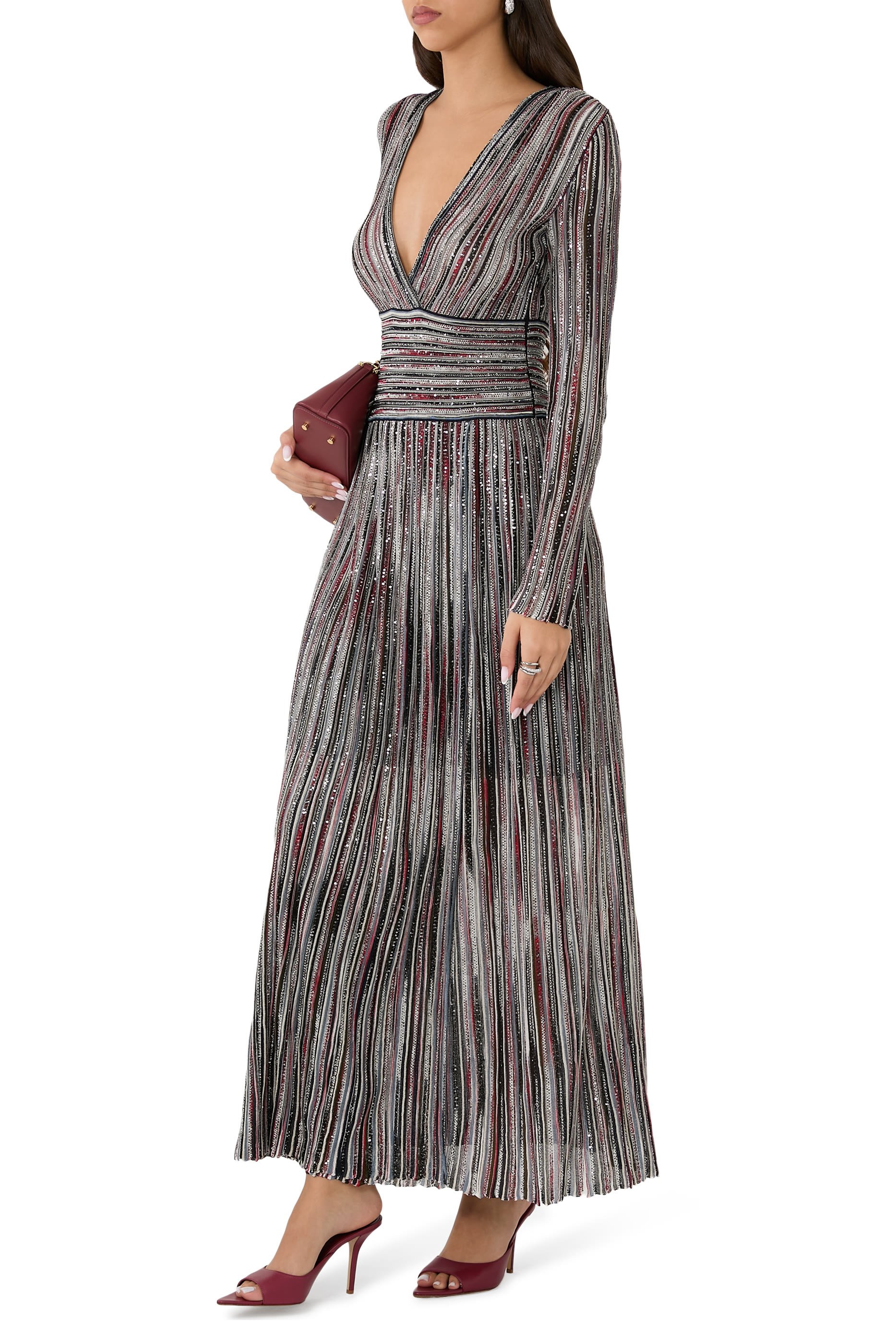 Partialized Knit Lurex Belted Long Dress