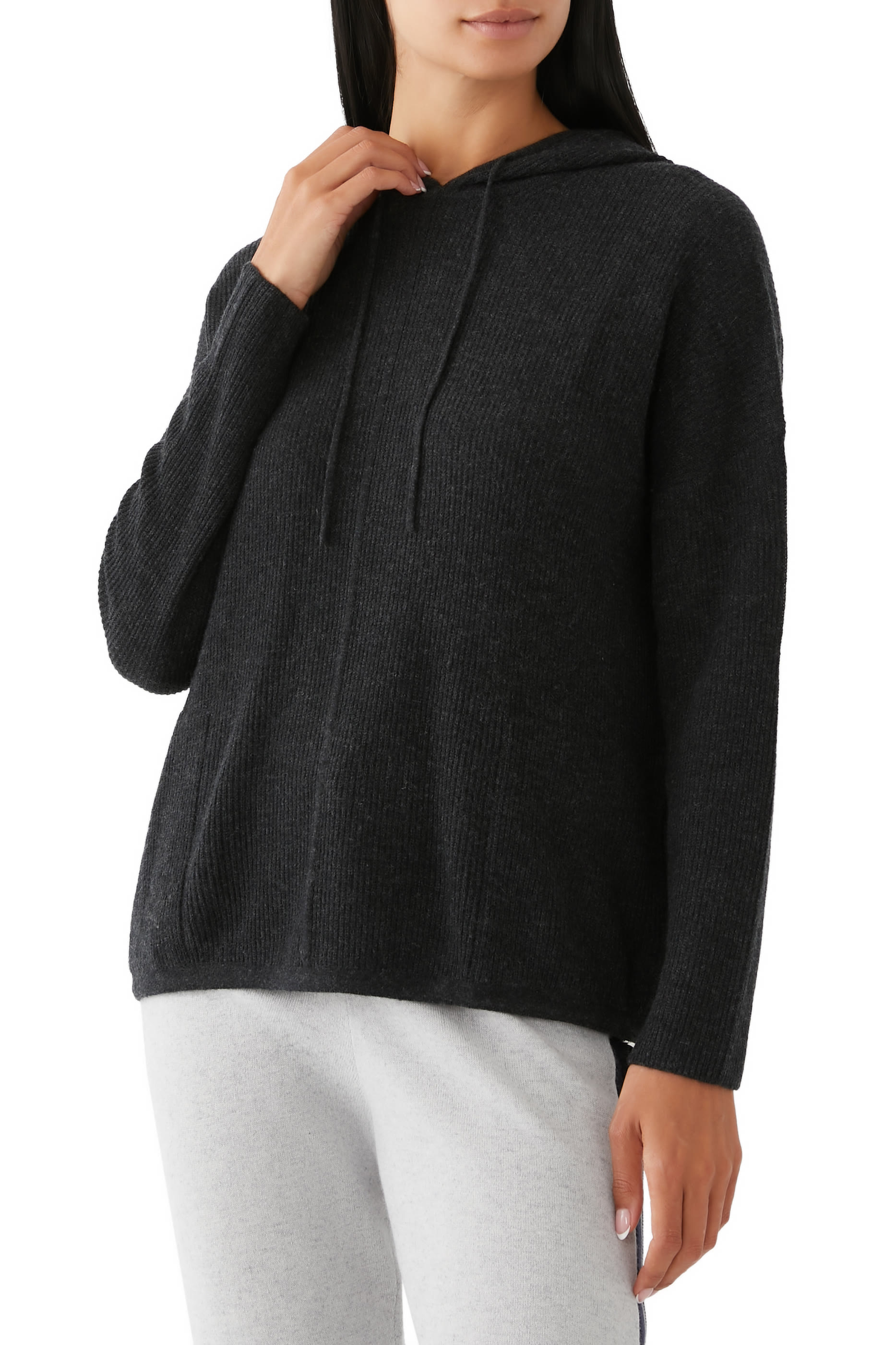 Cashmere Ribbed Drawstring Hem Hoodie