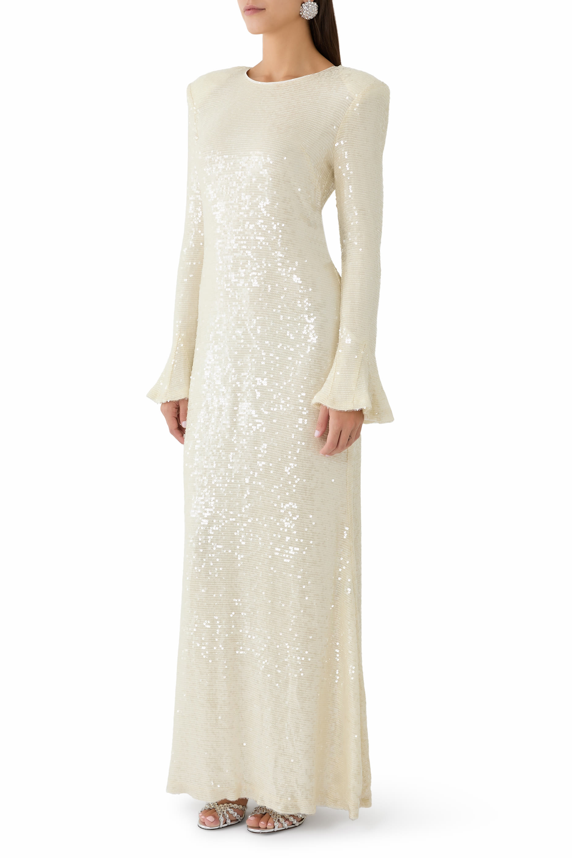 Sequin Viscose Flare Sleeve Maxi Dress