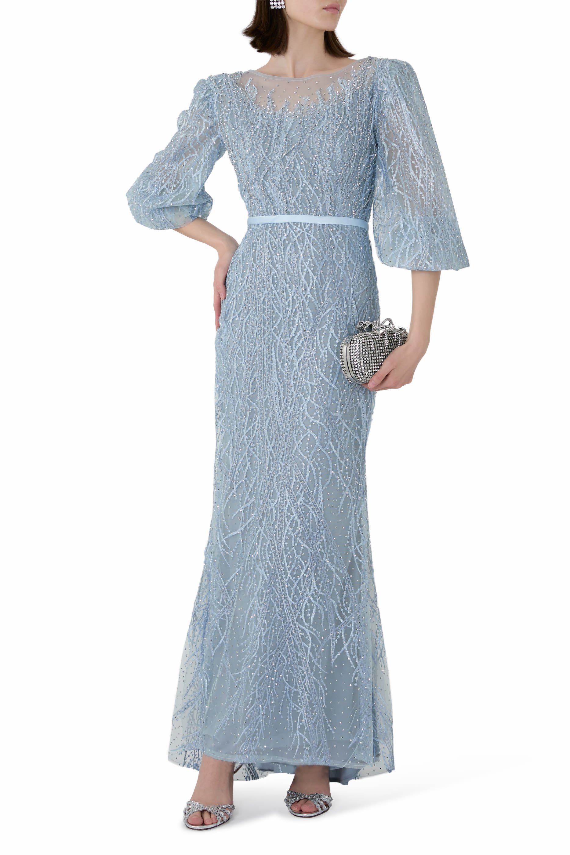 Embroidered Boat Neck Puff Sleeve Gown