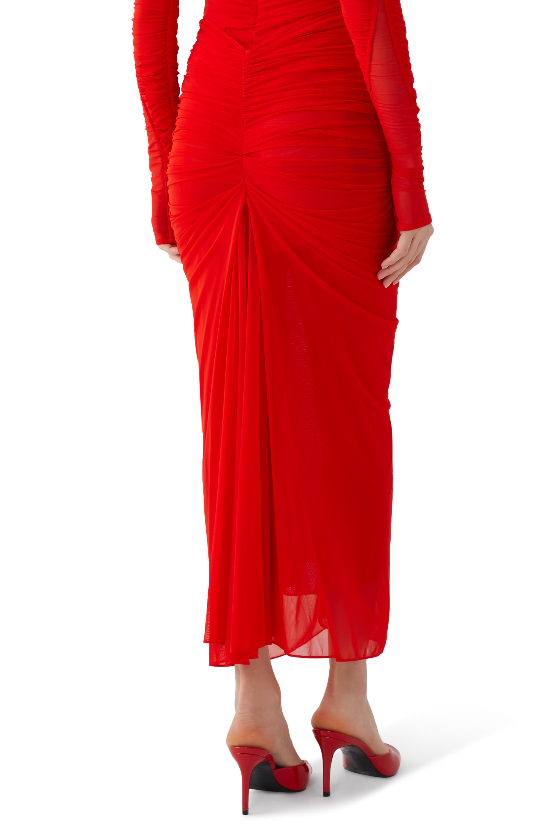 Ruched Mesh Midi Skirt