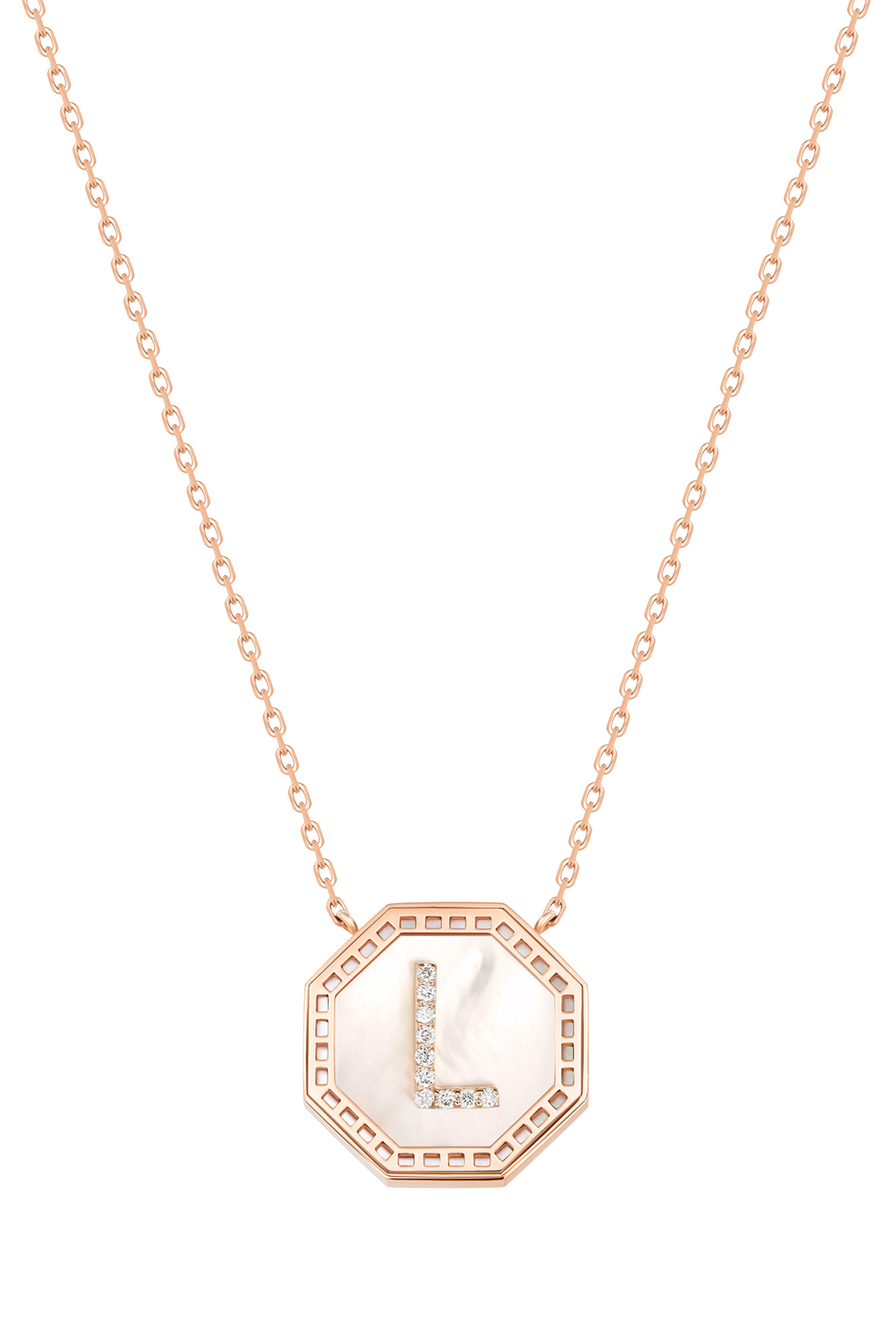 Harf Turath Letter L Necklace, 18K Rose Gold with Mother of Pearl & Diamonds