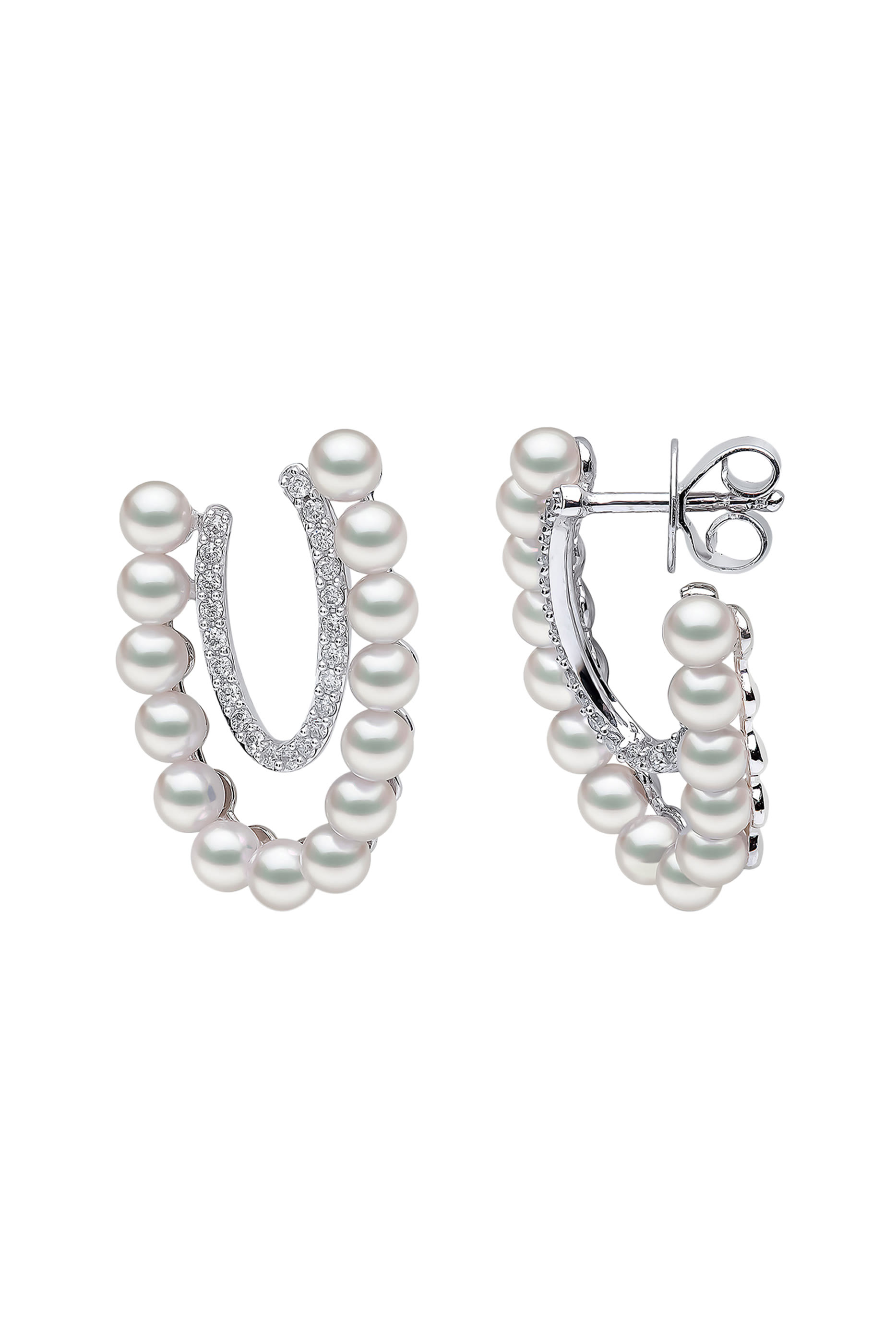 Sleek Hoop Earrings, 18k White Gold with Akoya Pearls & Diamonds
