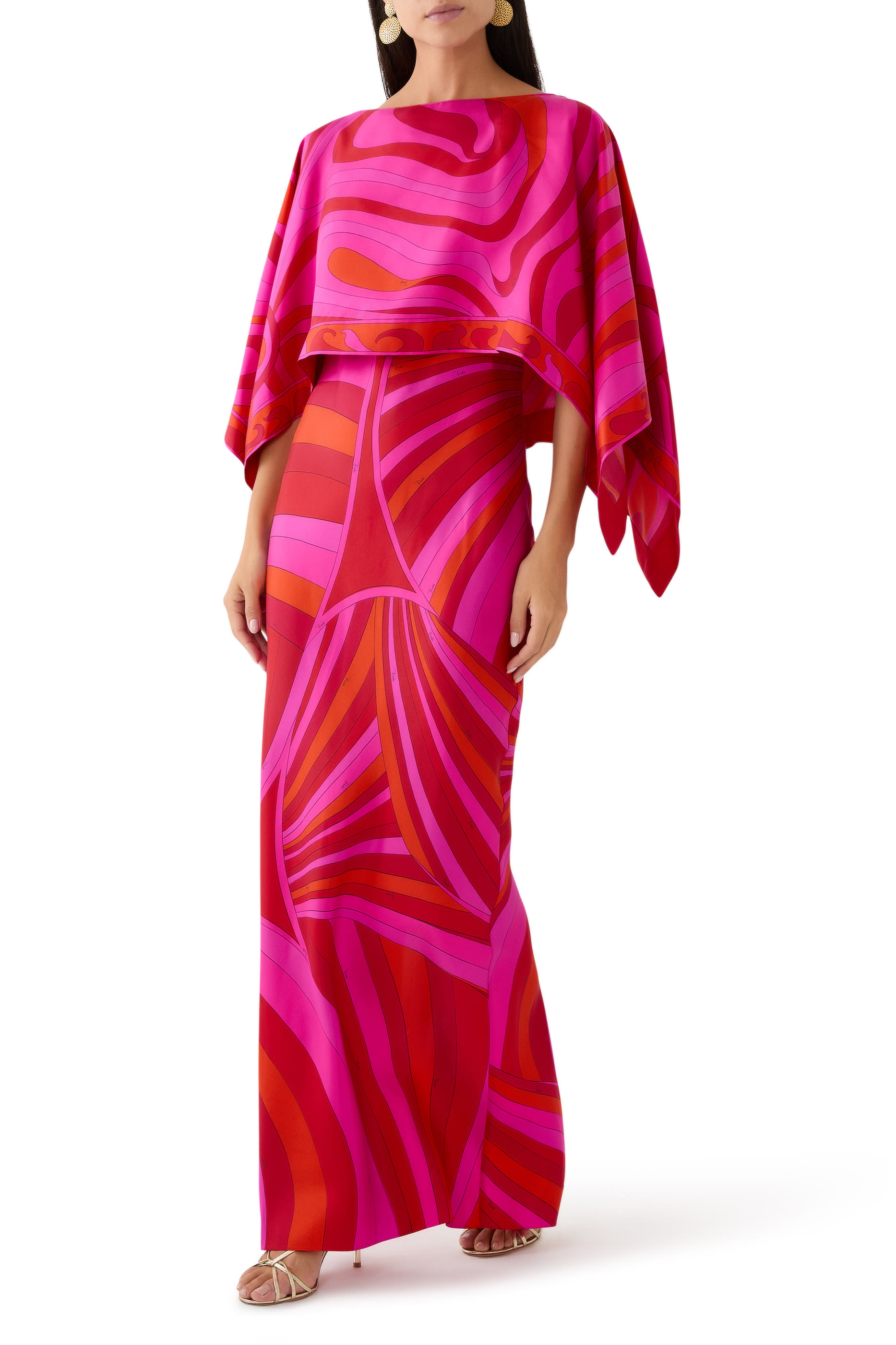 Iride Print Long Dress with  Shrug Cape