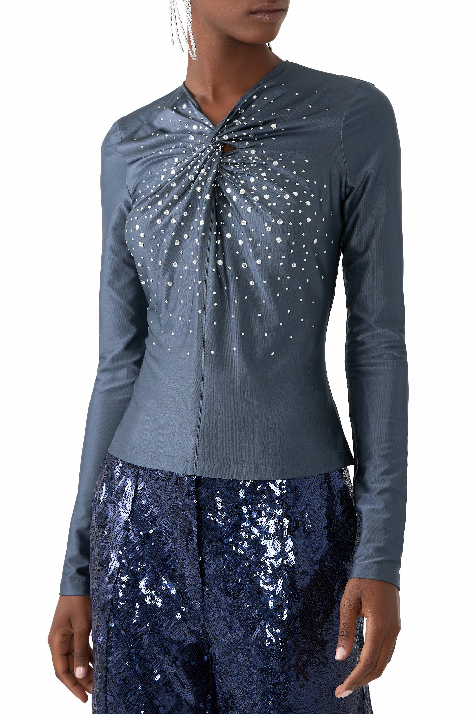 Twist-Front Long Sleeves Crystal Jersey Top
