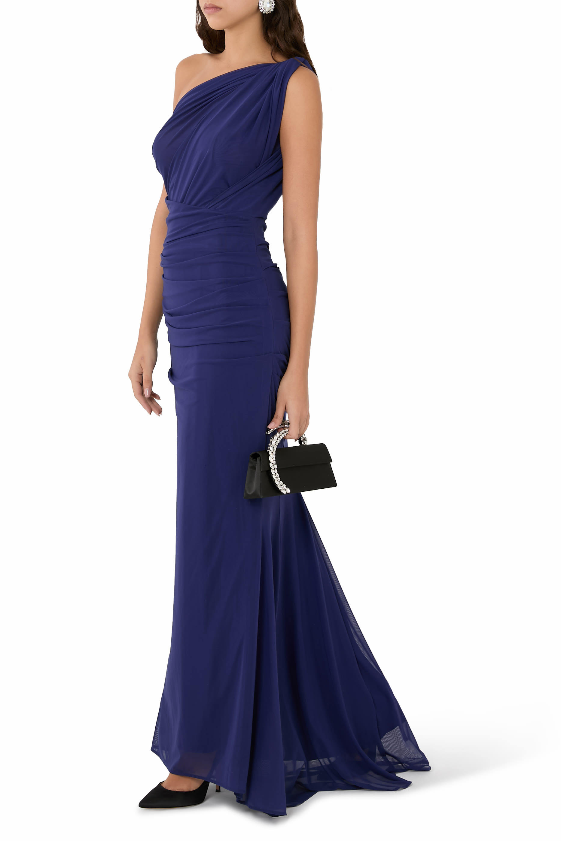 One-Shoulder Gathered Stretch-Mesh Maxi Dress