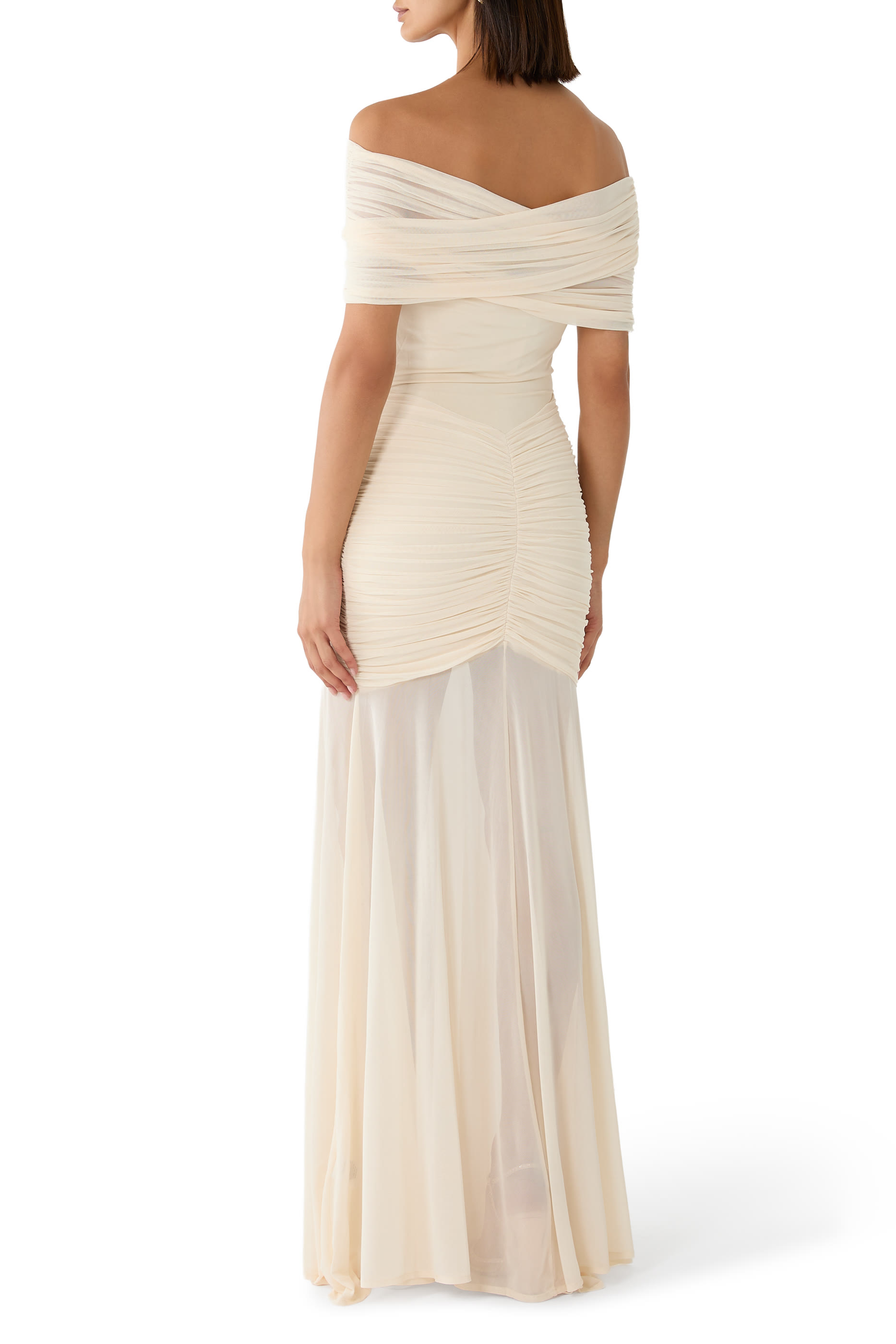  Ruched Off-Shoulder Sheer-Skirt Gown 