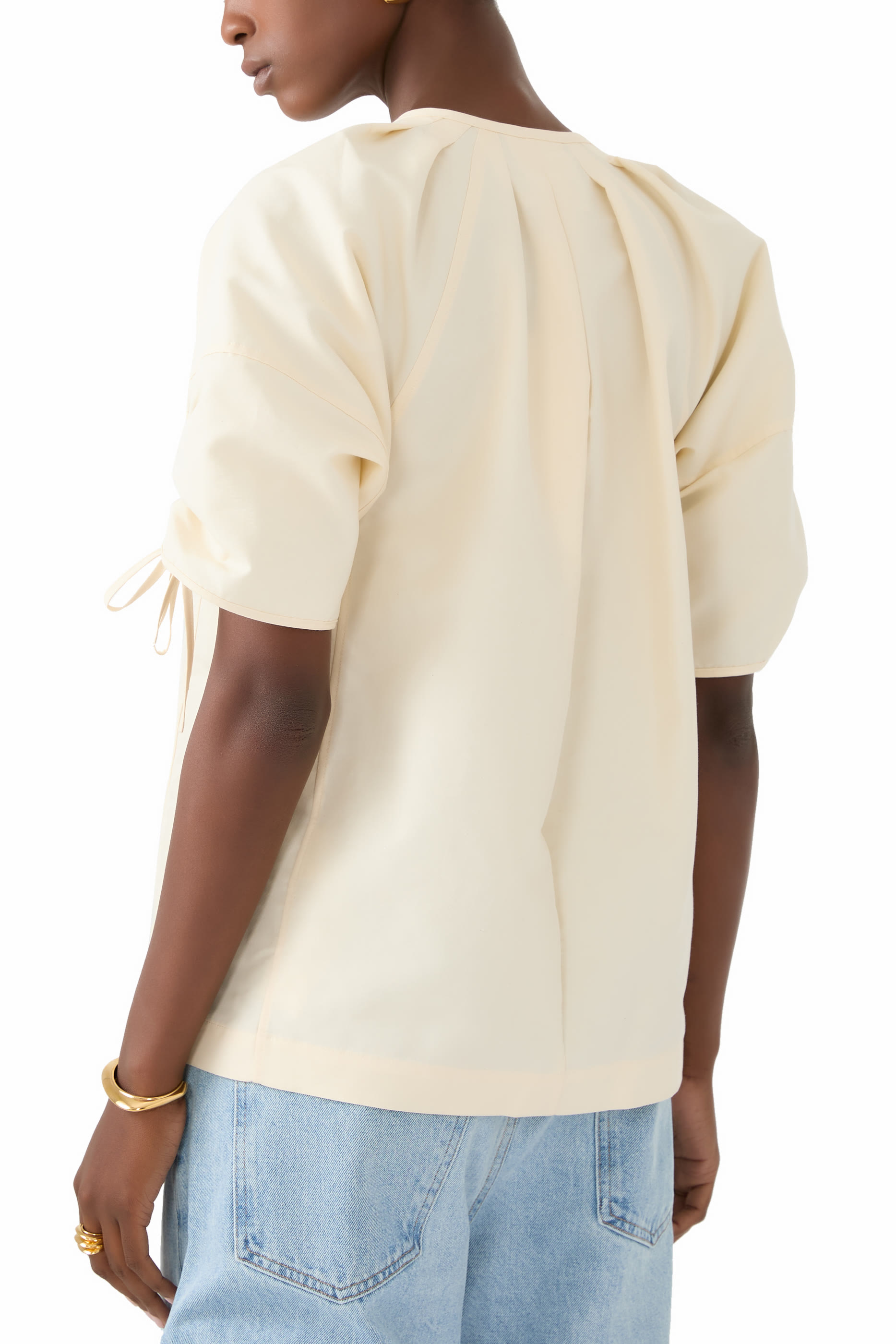 Gathered Sleeve Band Collar Top