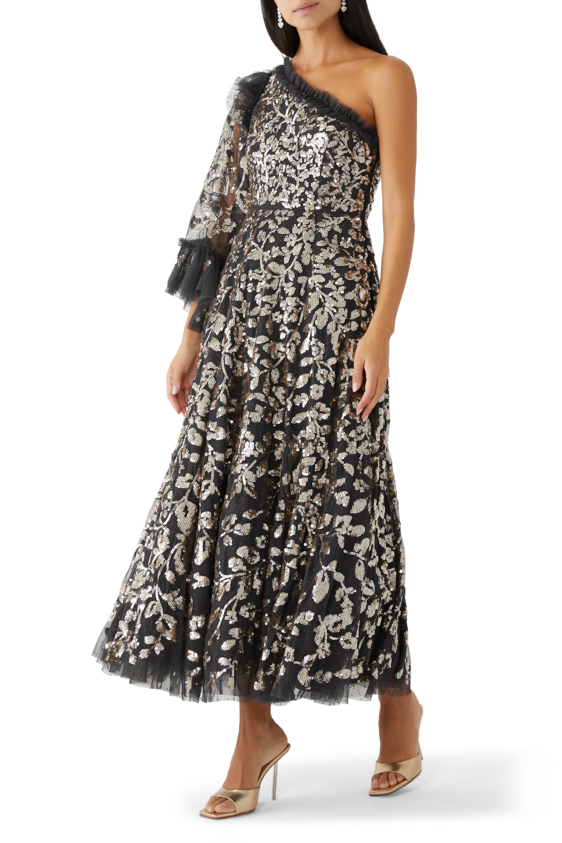 Falling Leaves One-Shoulder Ankle Gown