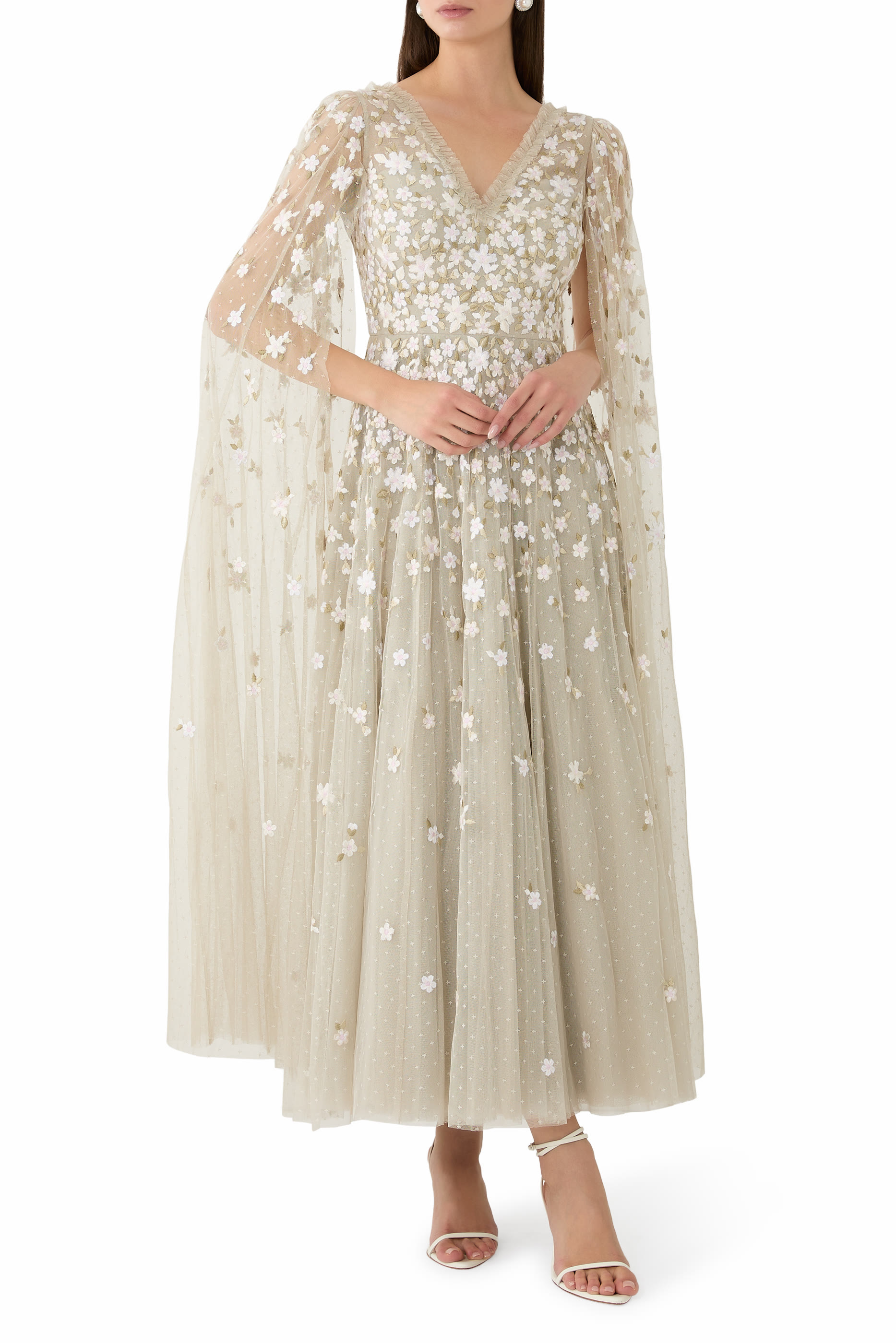 Camellia Ditsy Cape Sleeves Ankle Gown