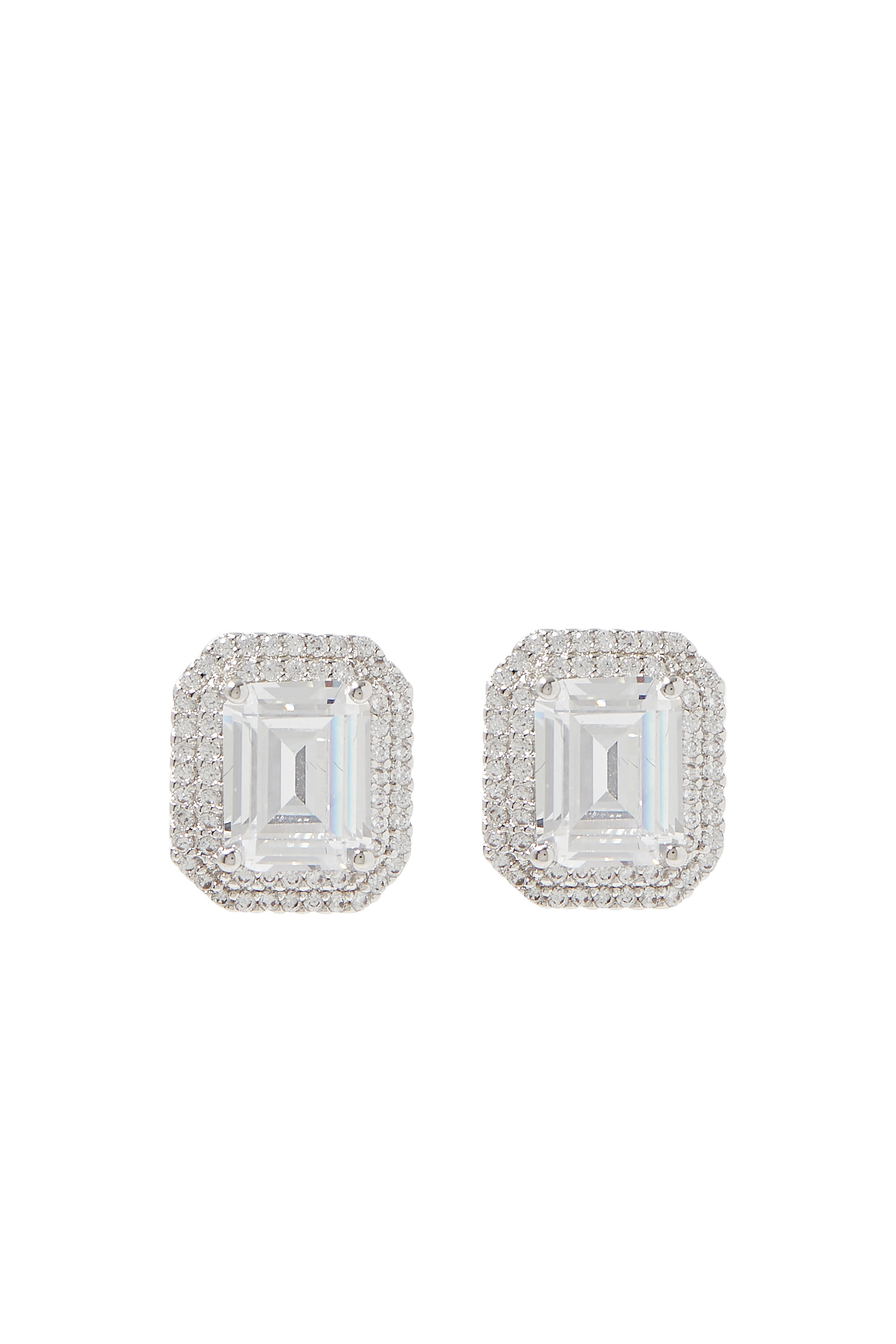 Emerald Double Halo Studs, Rhodium-Plated Brass & Cubic Zirconia