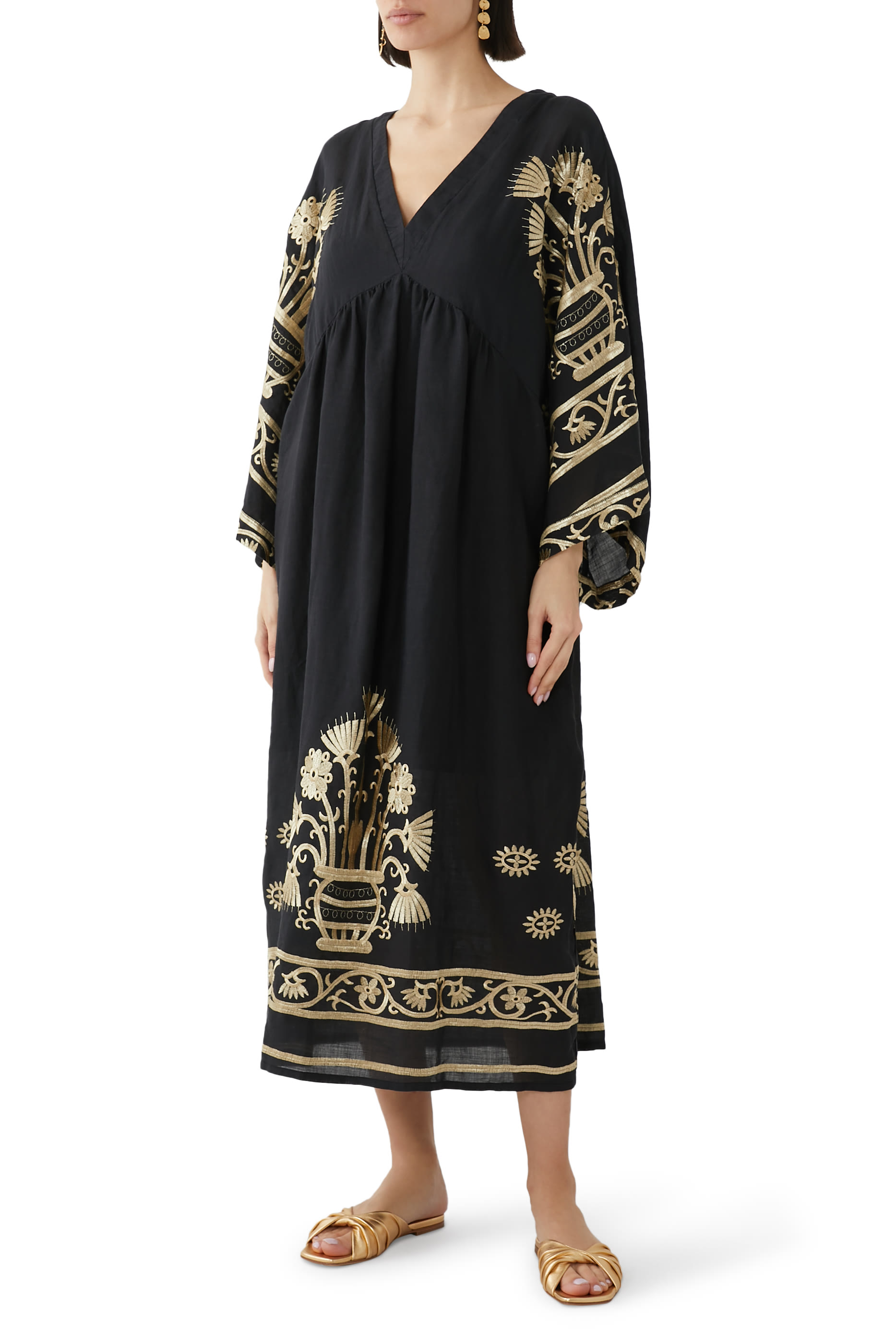 V-Neck Embroidered Midi Dress