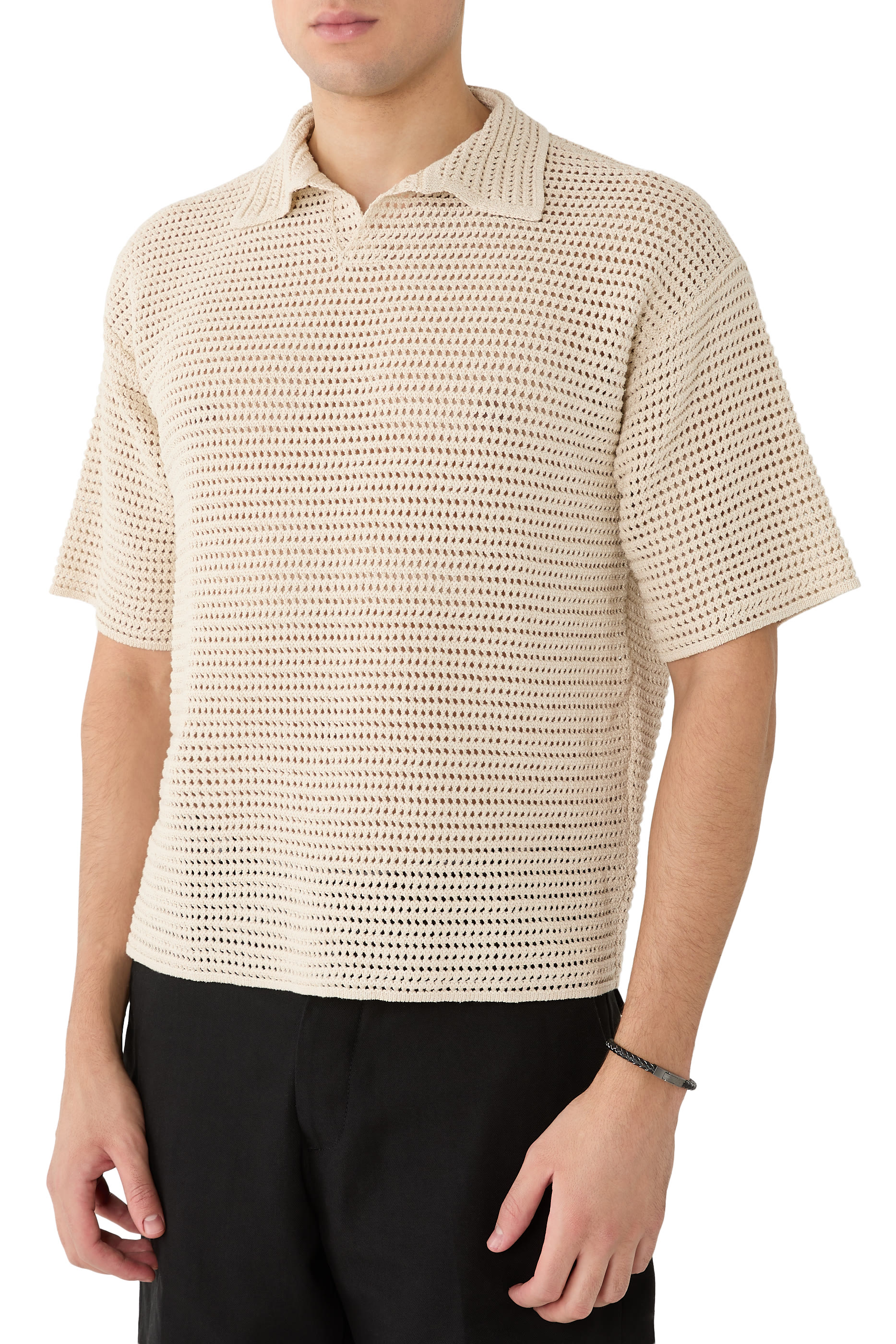 Tussah Silk Cotton Mesh Knit Skipper Polo
