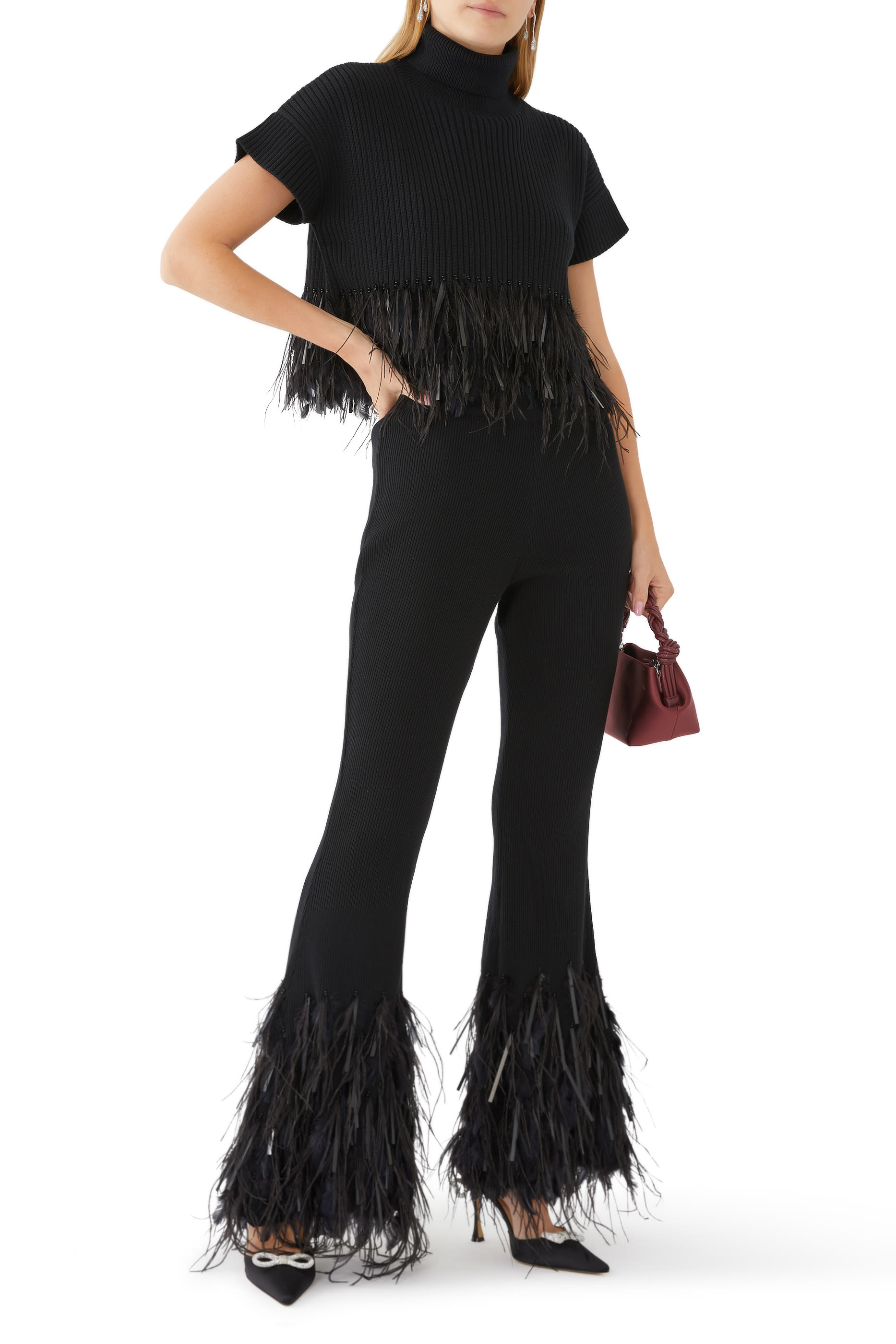 Ostrich Feather-Trim Flared Pants