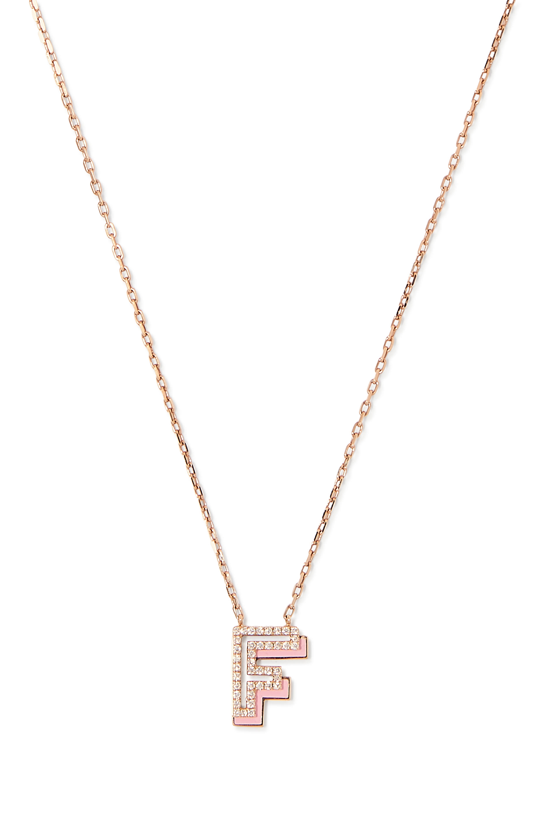 Letter F Silhouette Necklace, 18k Rose Gold with Diamonds & Enamel