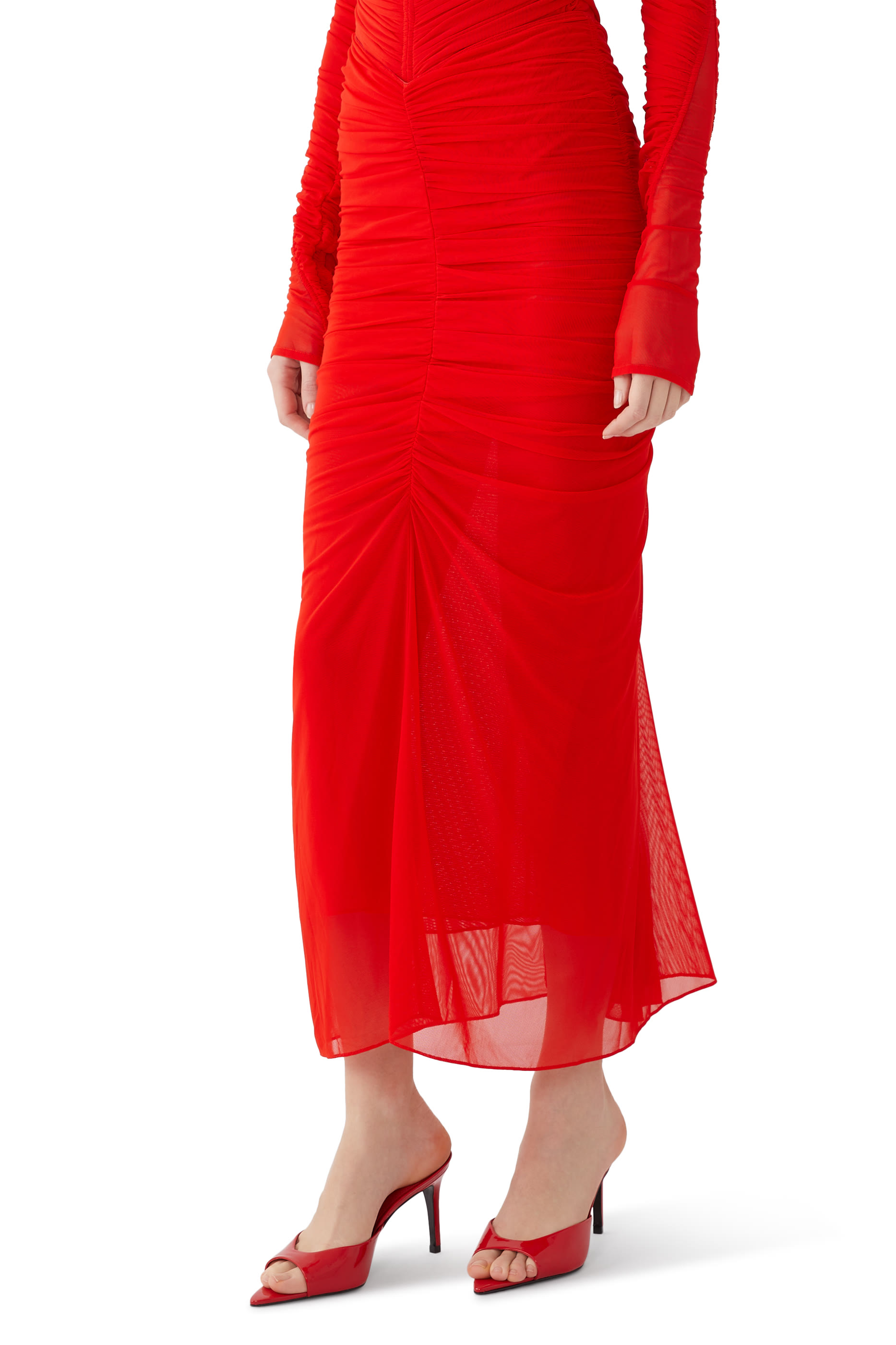 Ruched Mesh Midi Skirt