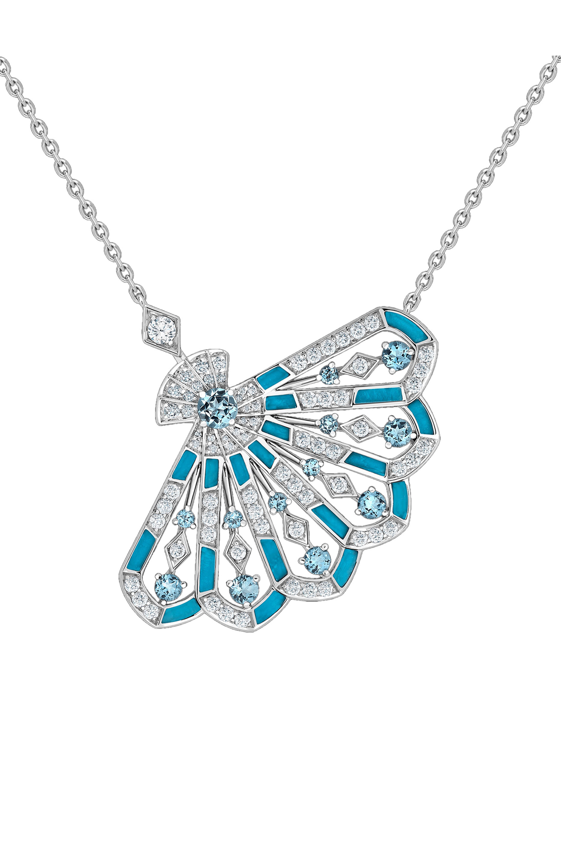 Fanfare Symphony Pendant, 18K White Gold with Diamonds, Aquamarines and Turquoise