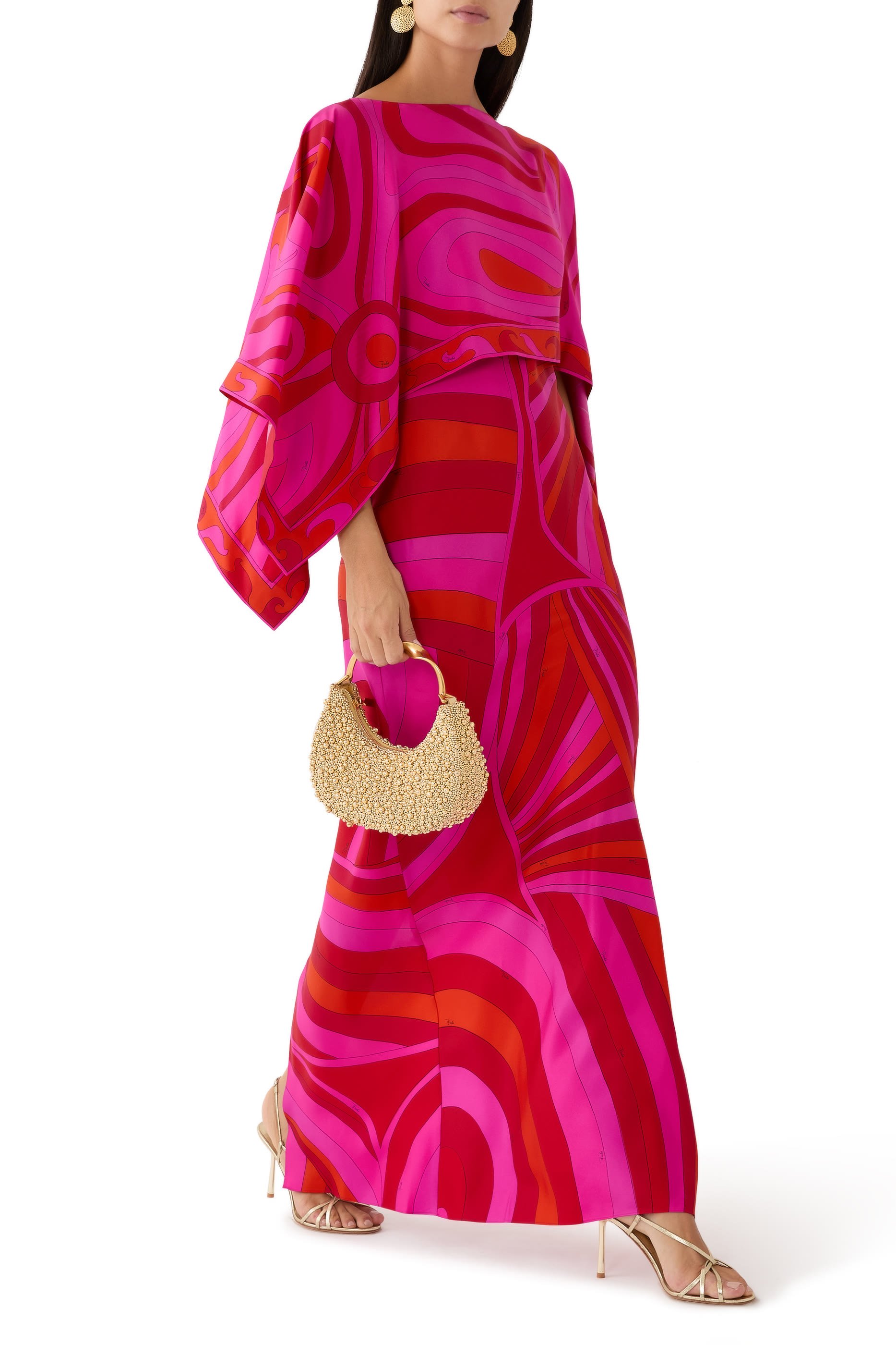 Iride Print Long Dress with  Shrug Cape