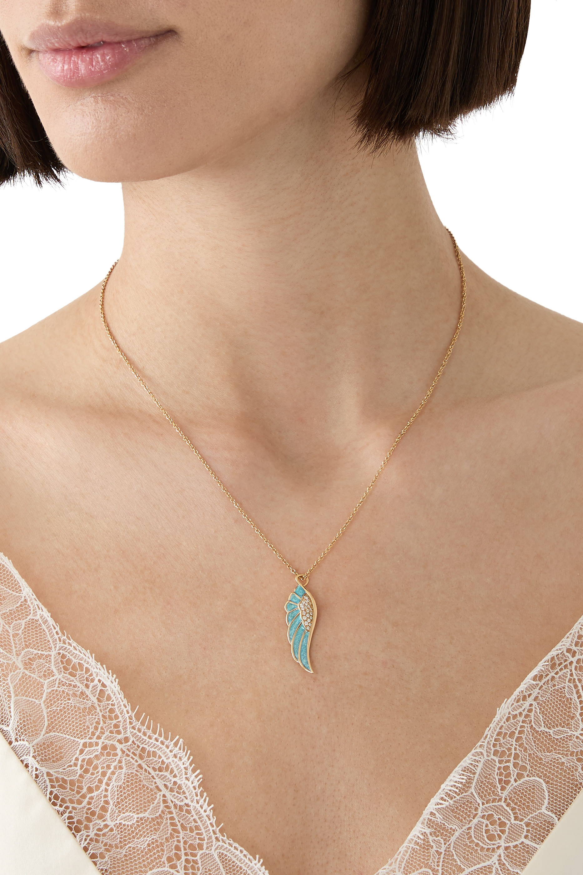 Wings Reflection Summer Pendant, 18K Yellow Gold with Diamonds & Blue Enamel
