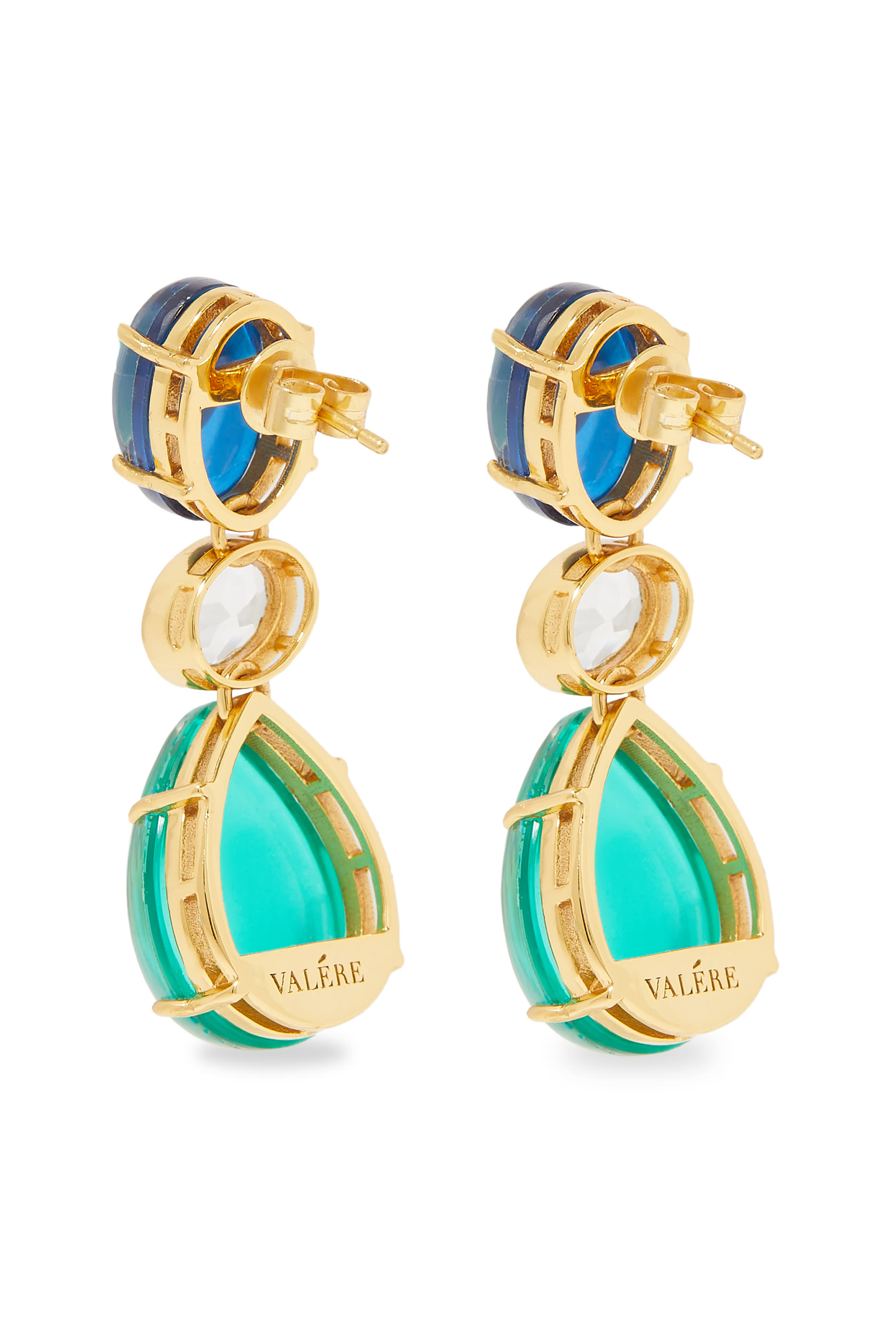 Dawn Earrings, 22k Gold Plated Brass with Blue Sapphire,Green Emerald & Clear Quartz Stones