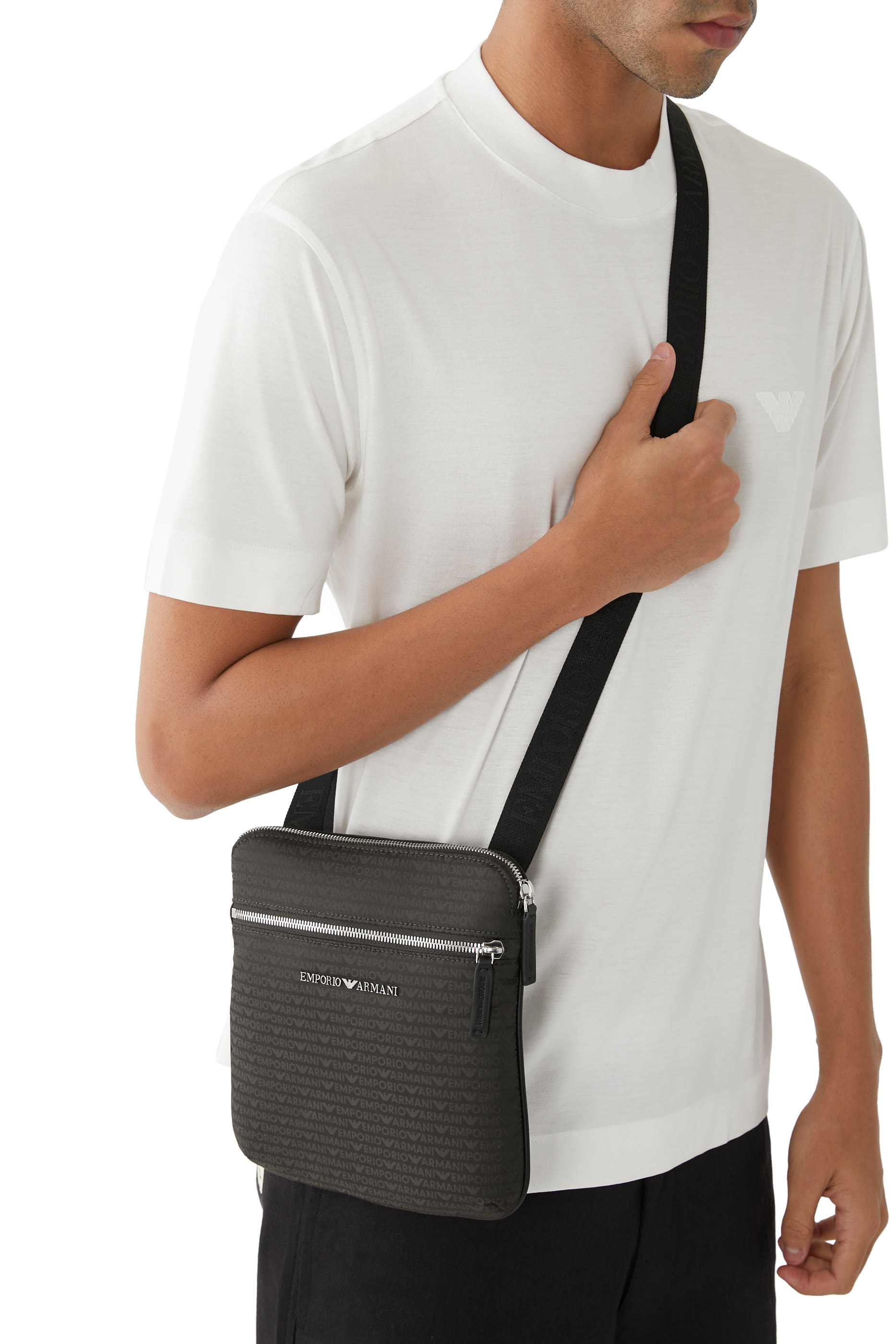 Flat Shoulder Bag in Nylon with All-Over Jacquard Logo Lettering