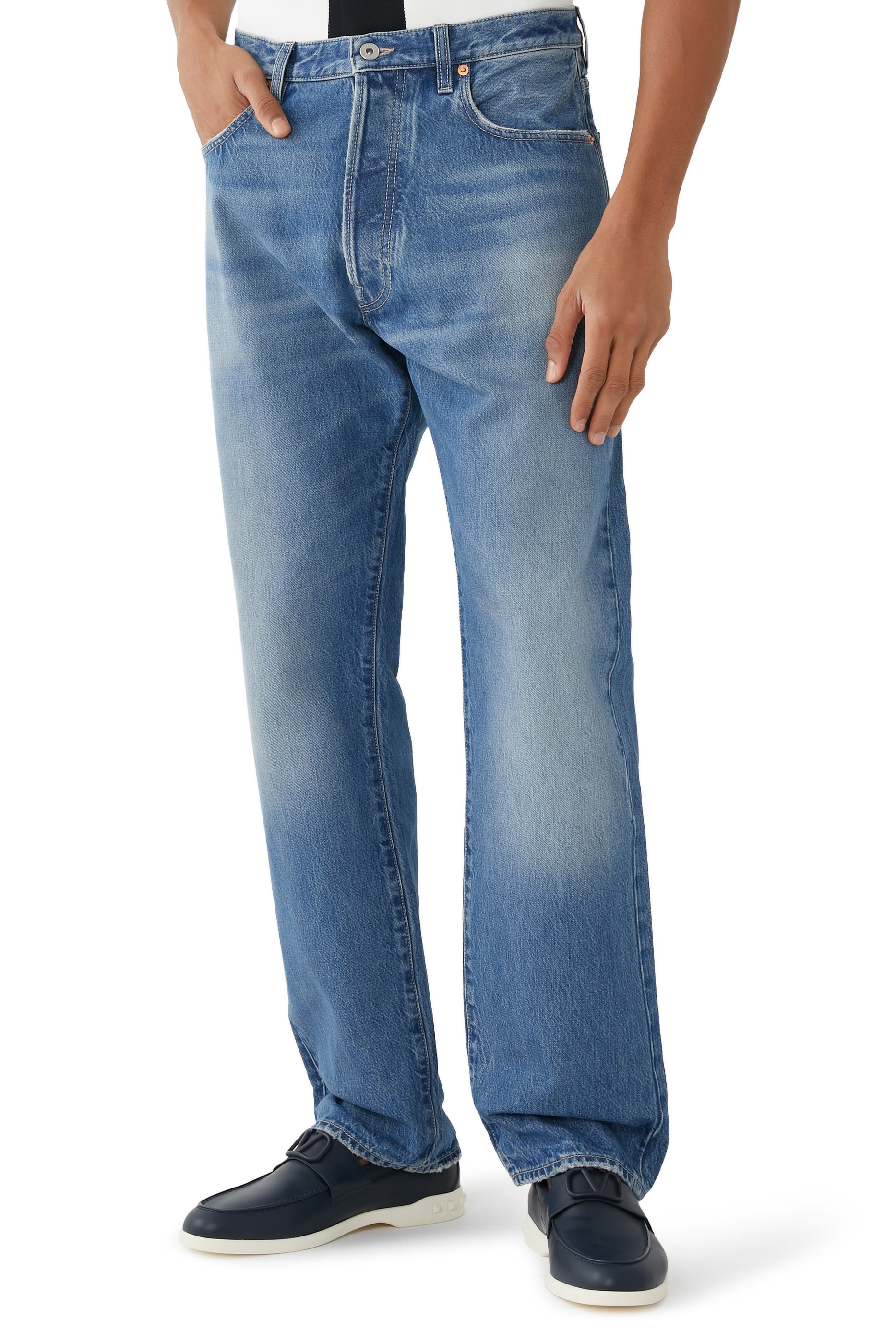 Denim Pants with Metallic V Detail