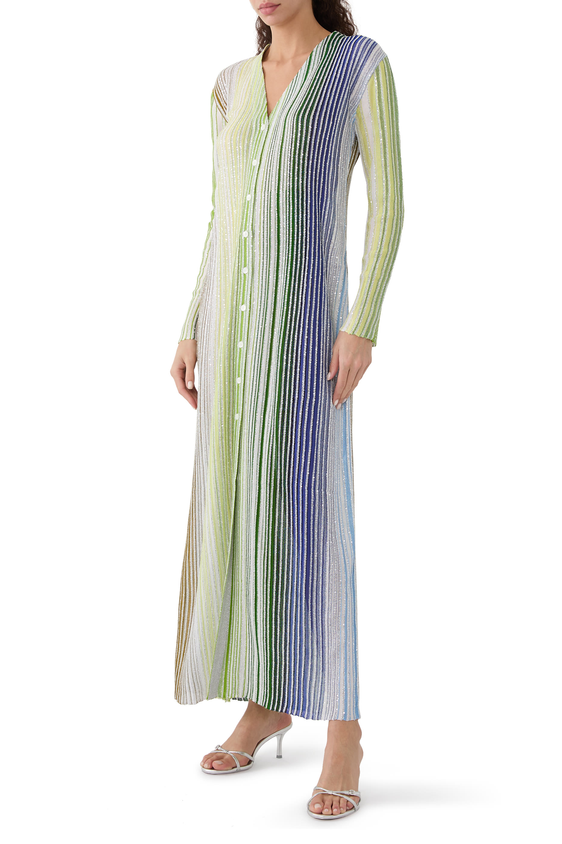 Partialized Knit Sequinned Buttoned Maxi Cardigan