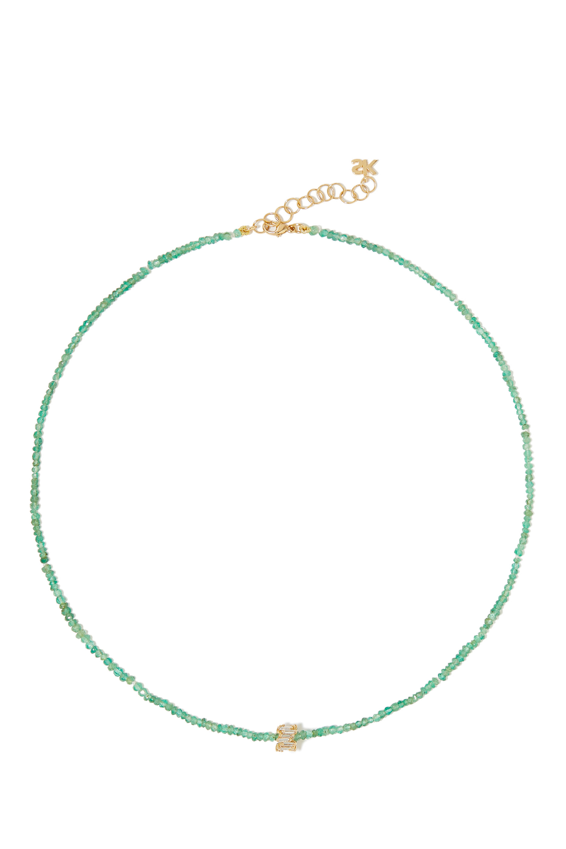 Baguette Beaded Necklace, 18k Yellow Gold with Emerald & Diamond