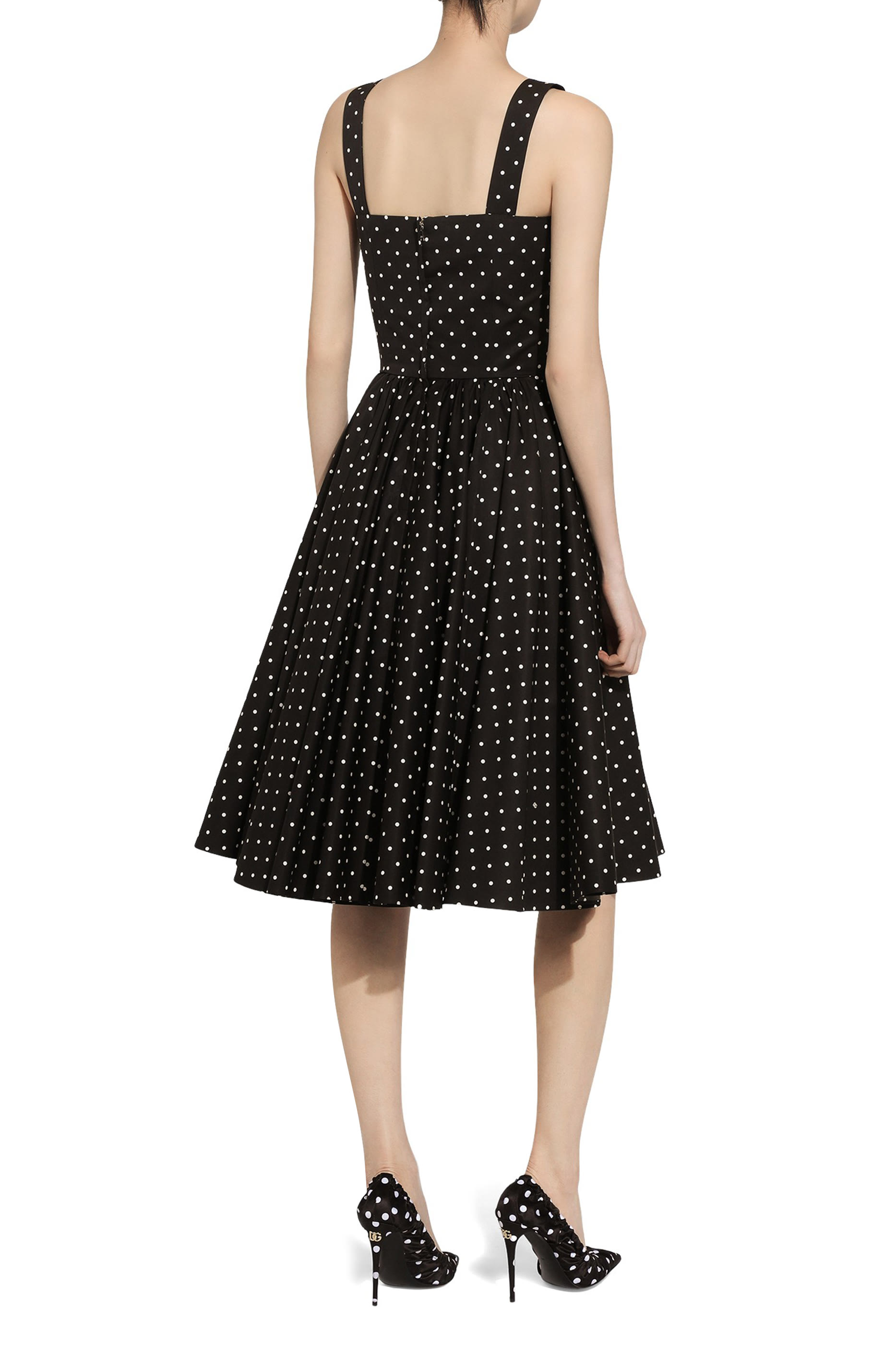 Calf-Length Cotton Dress with Polka-Dot Print
