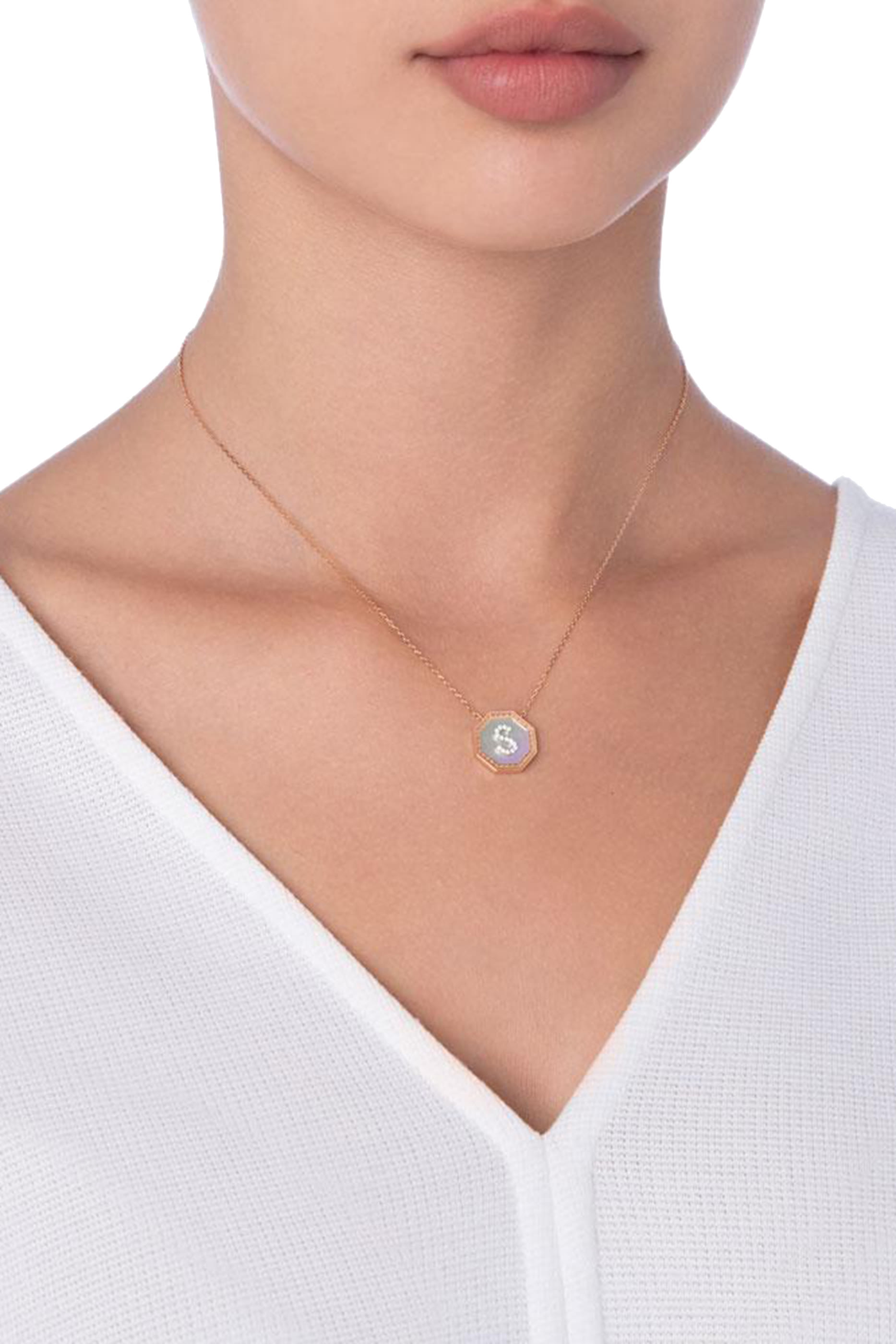Harf Turath Letter S Pendant Necklace, 18k Rose Gold, Diamonds & Mother of Pearl