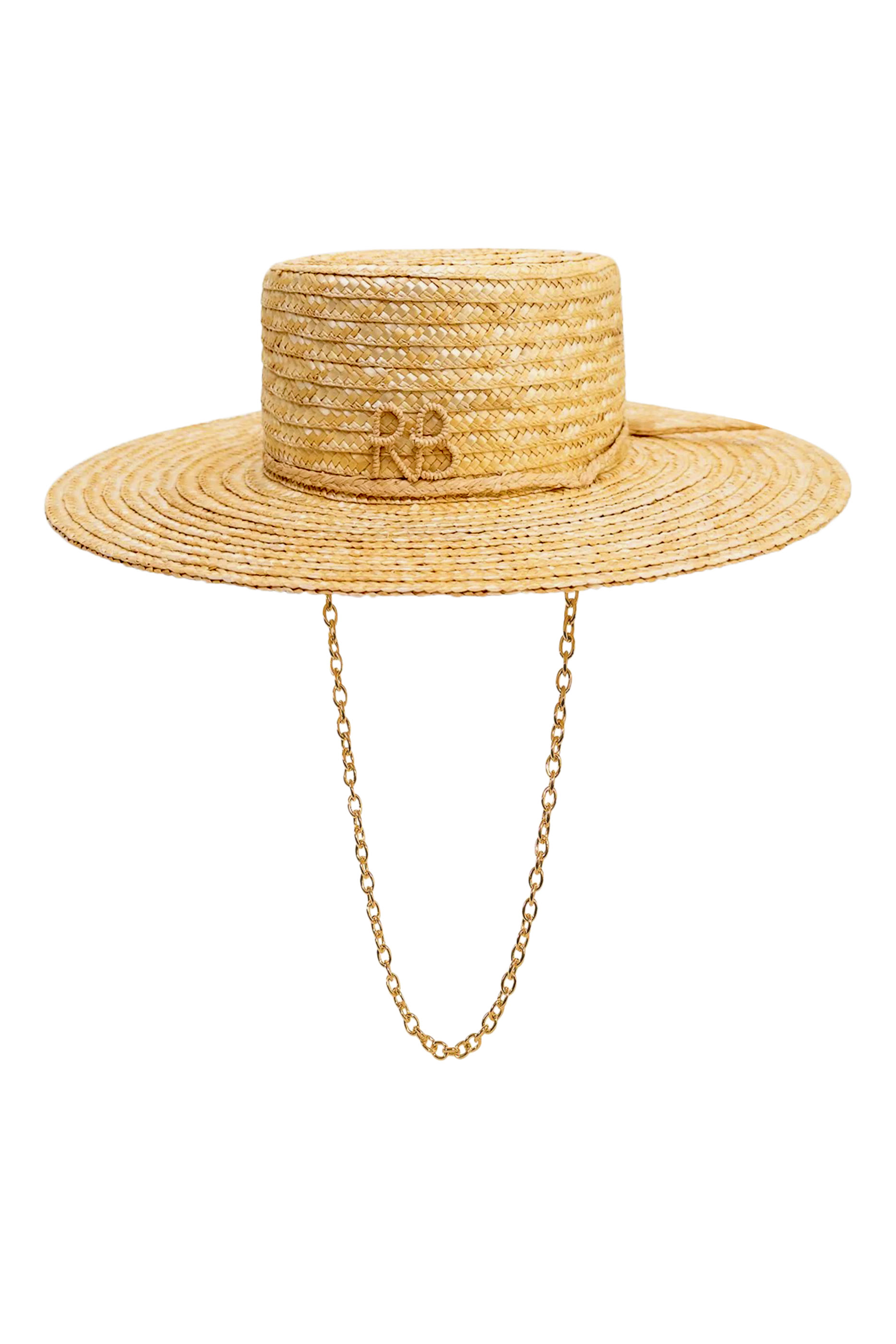 Monogram-Embellished Chain Strap Straw Boater Hat
