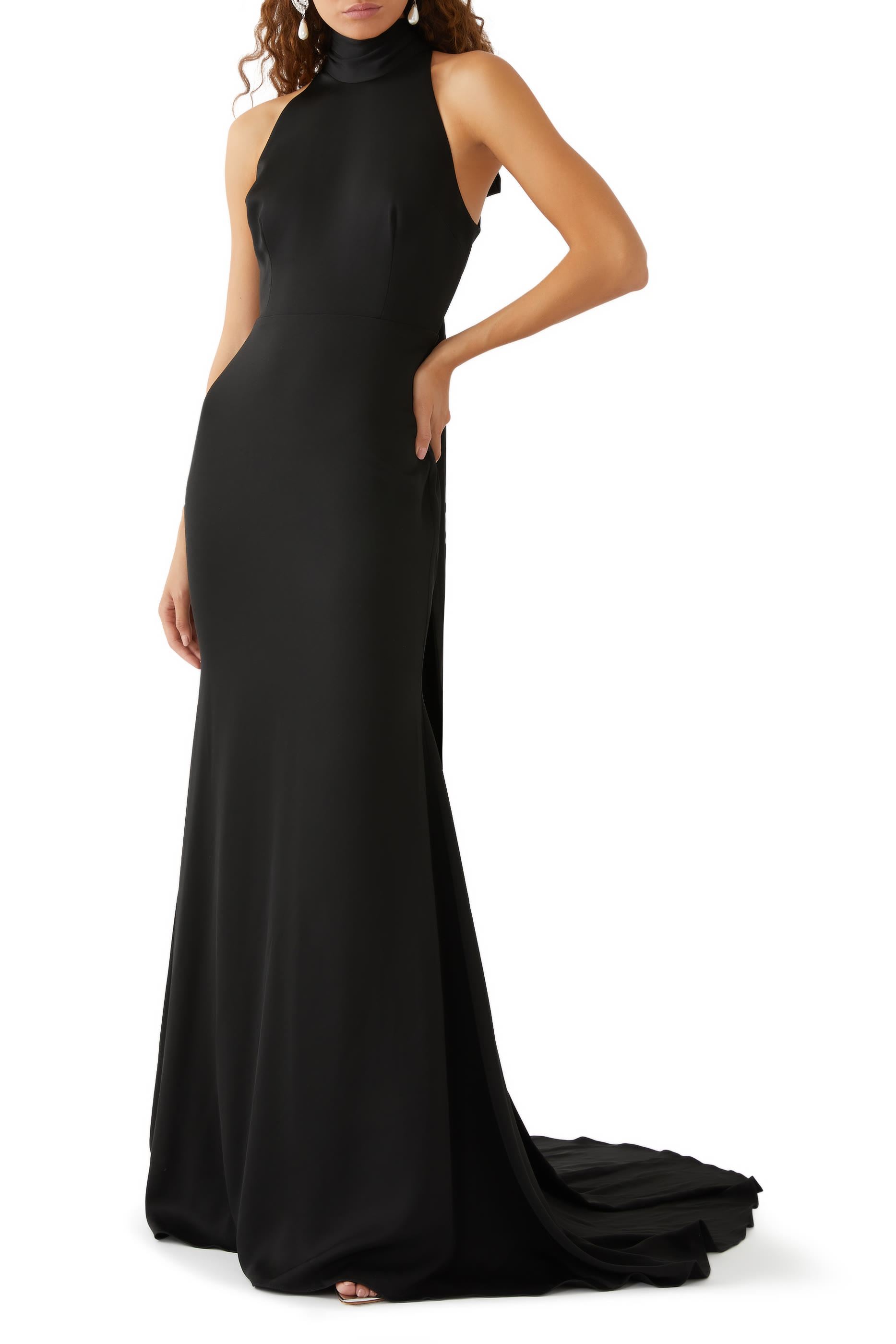 Halter Satin Crepe Scarf Gown