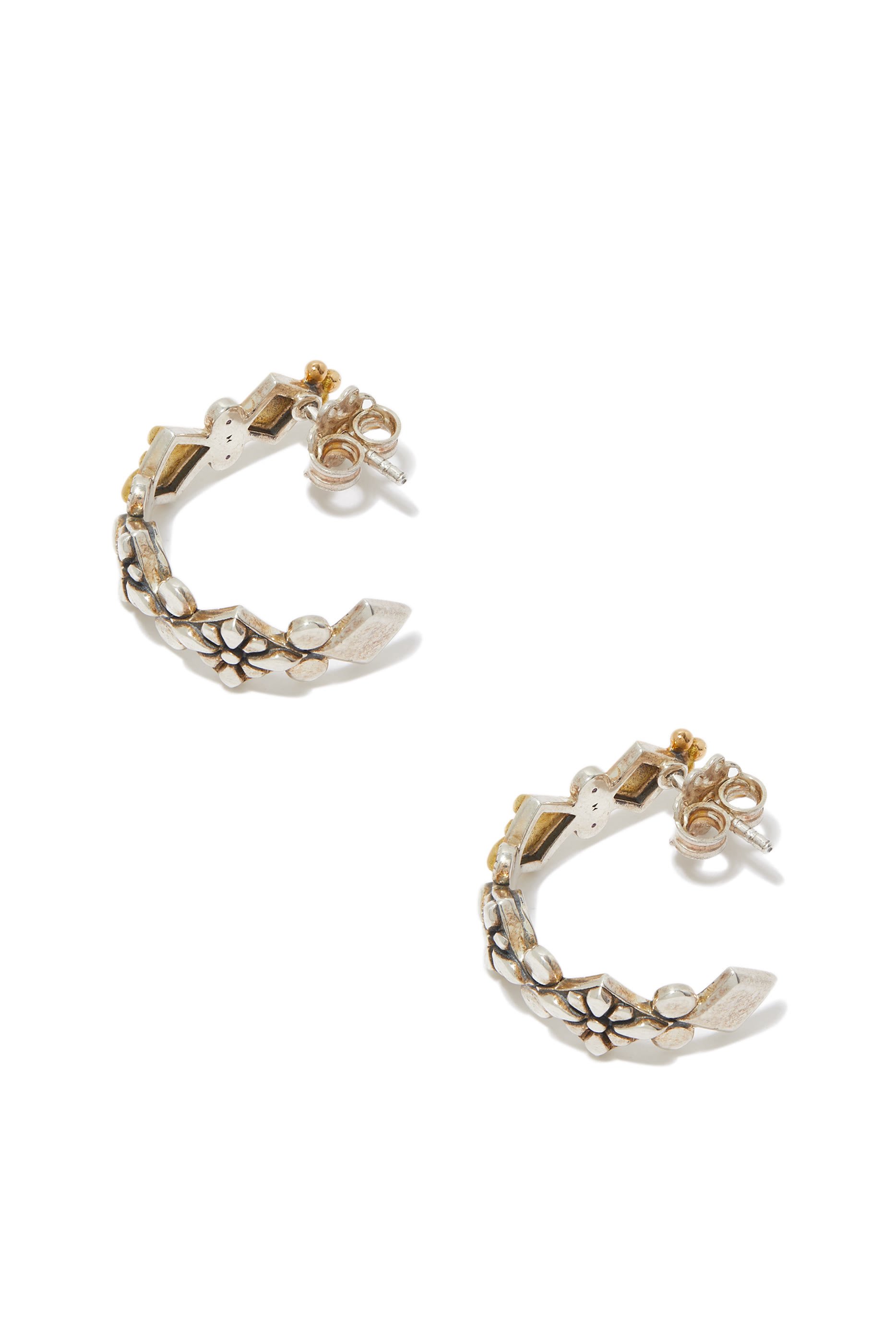 Floral Tribal Earrings, 18K Yellow Gold, Sterling Silver & Amethyst