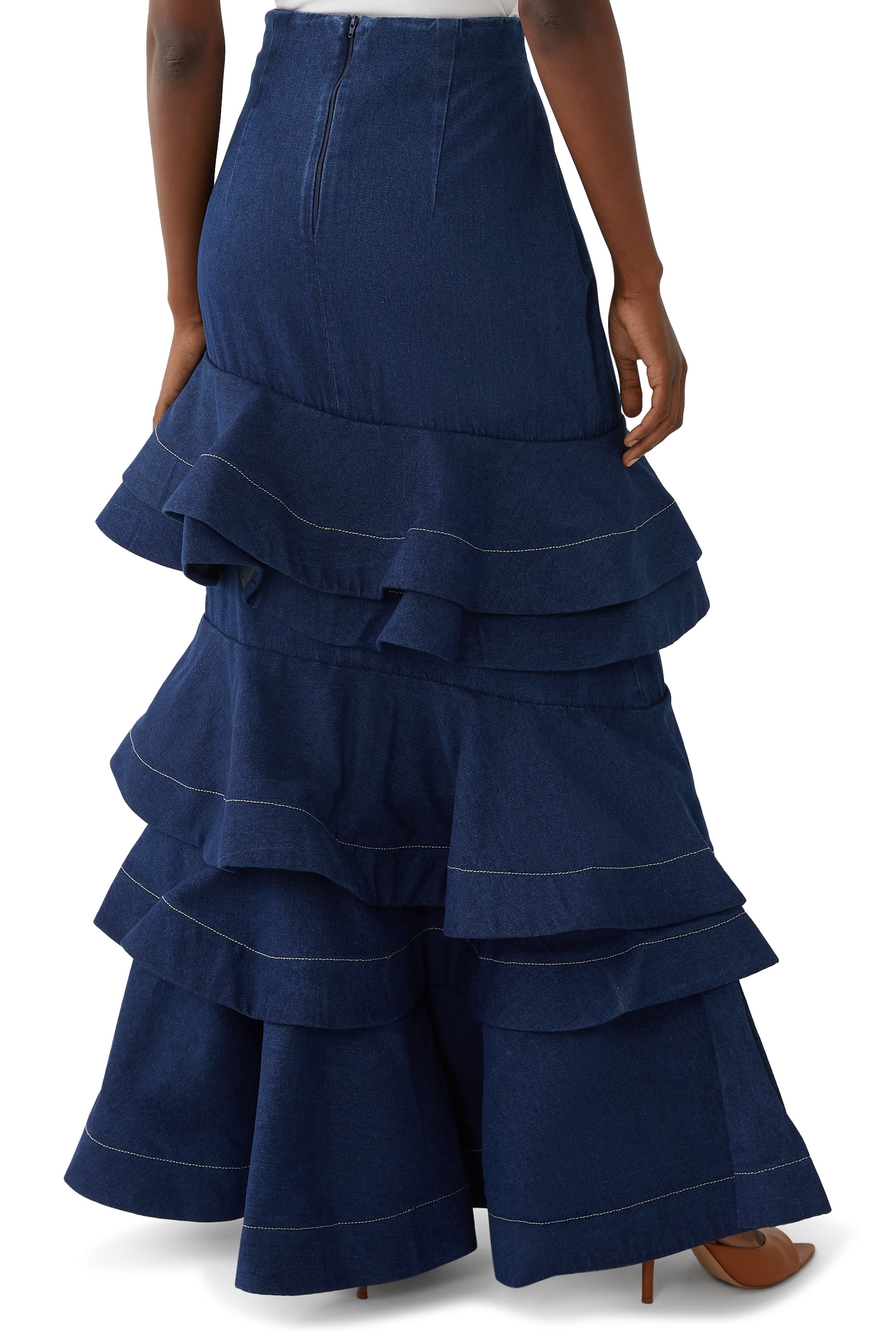 Mi Memoria Ruffled Denim Maxi Skirt