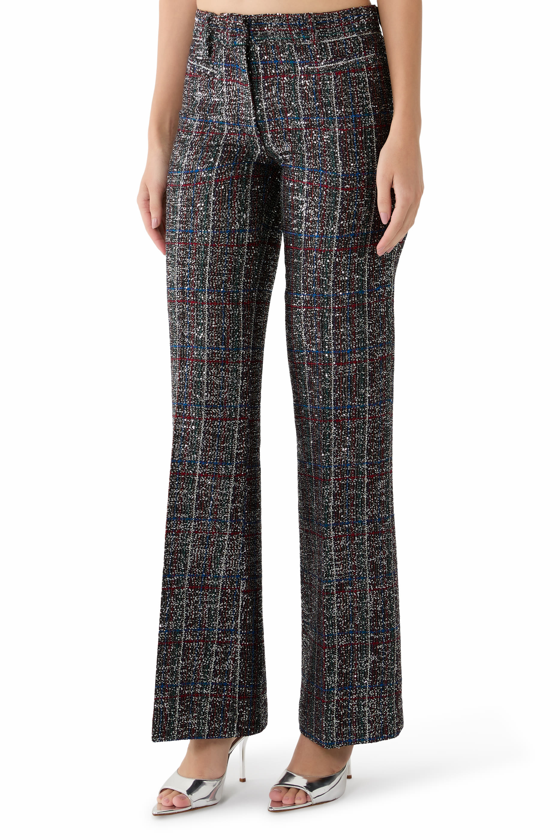 Flared Pants with Sequins in a Check Pattern