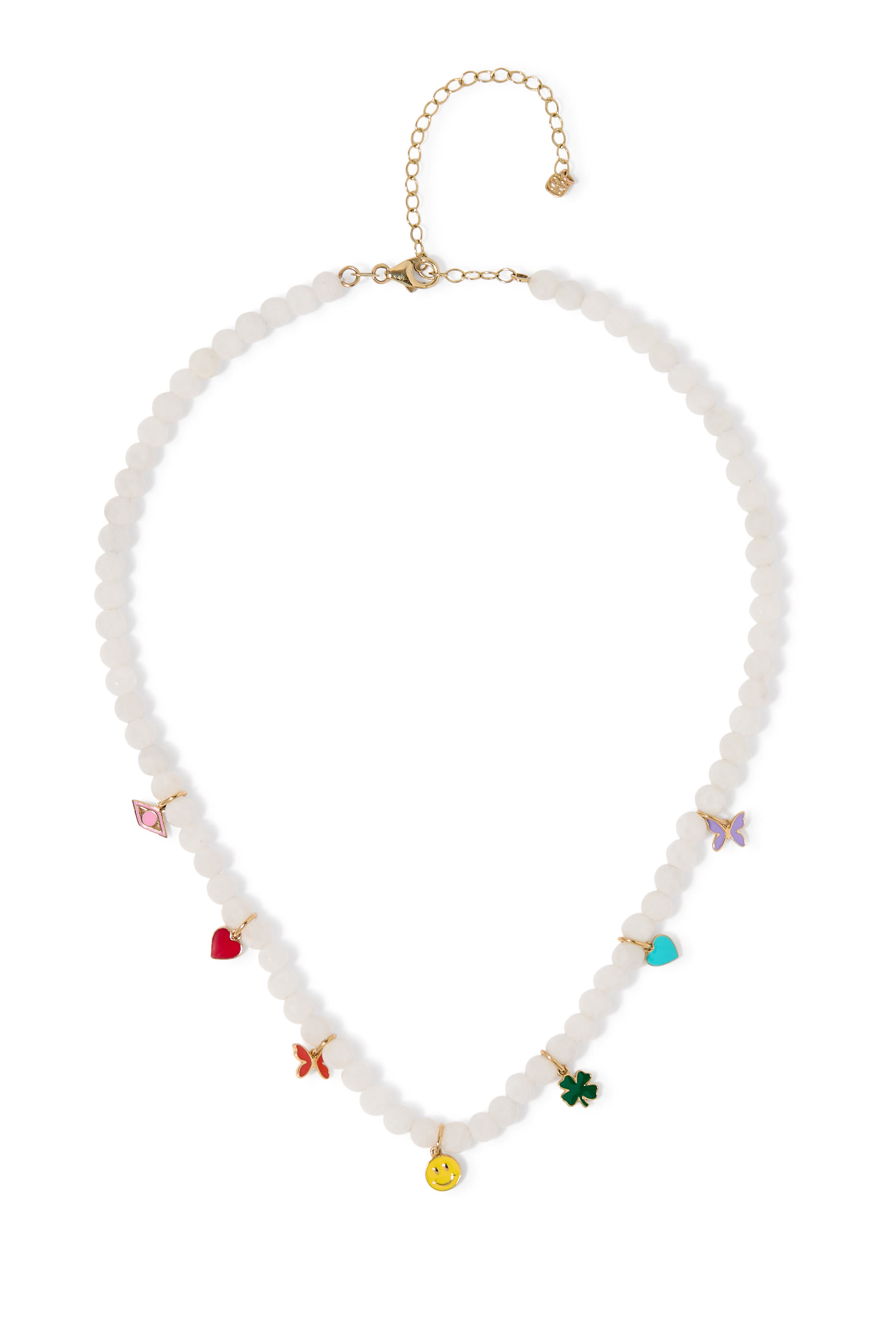 Gold & Enamel Tiny Charms Moonstone Necklace, 14K Yellow Gold, Enamel & Moonstone