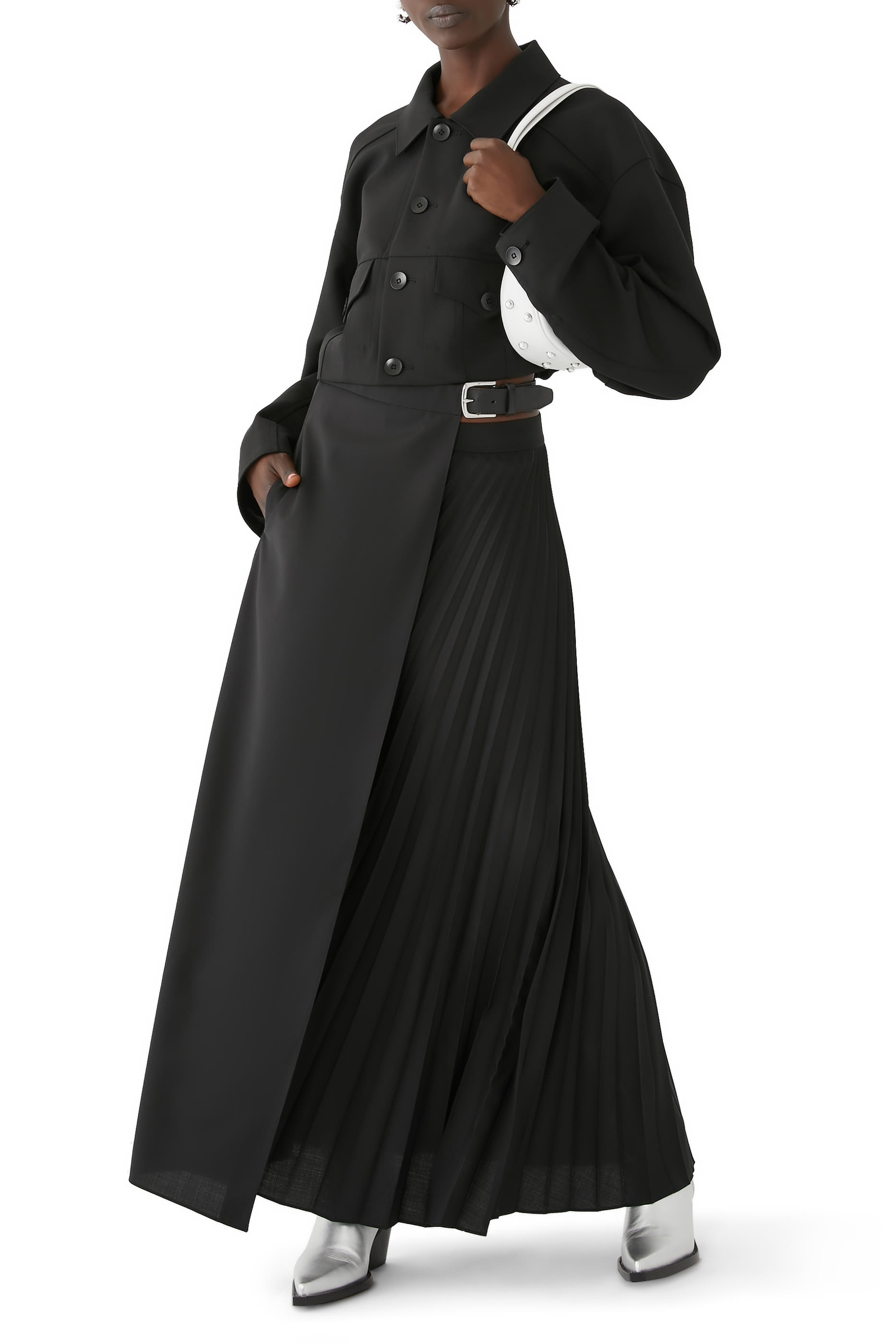 Tropical Wool Pleated Leather Belt Maxi Skirt