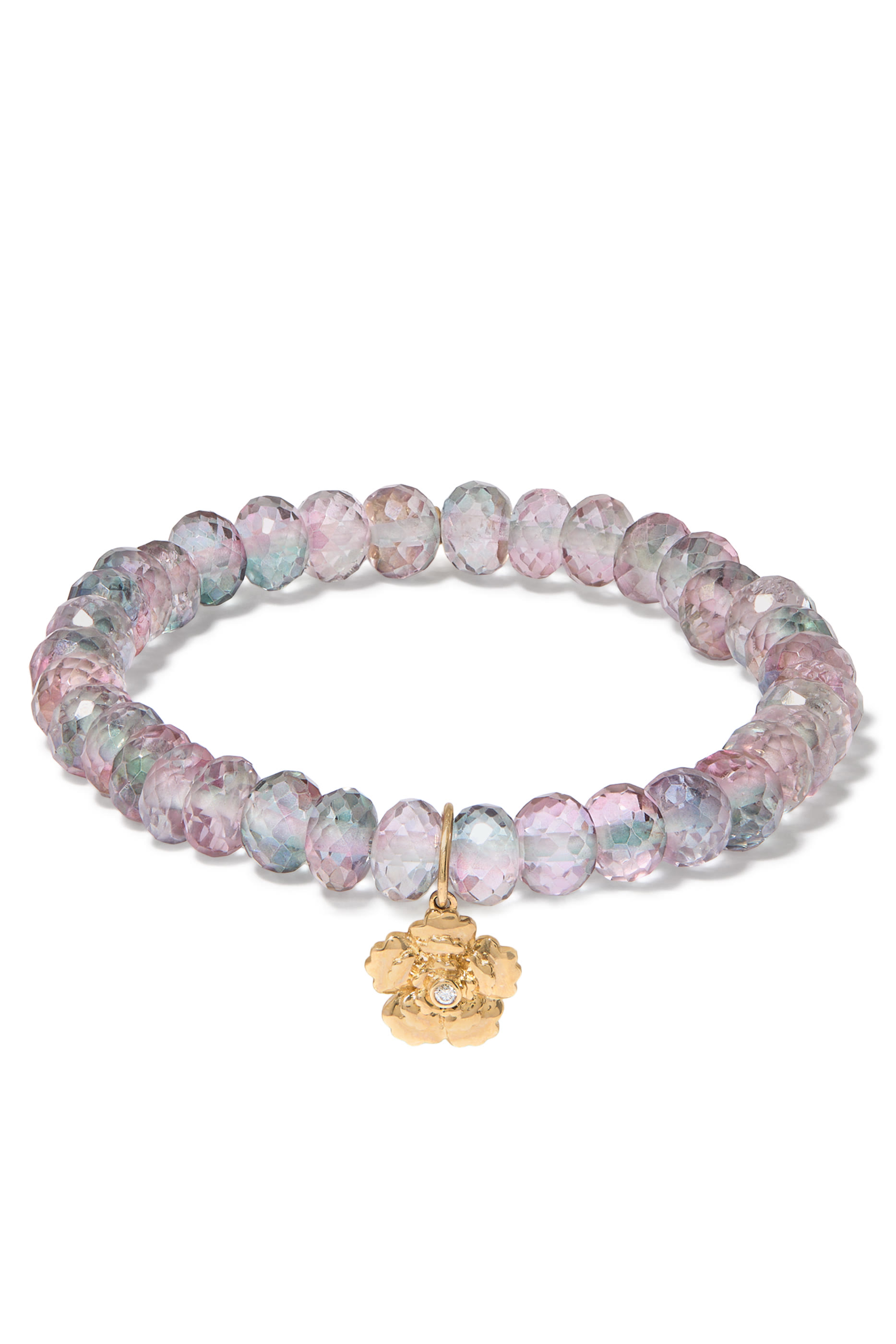 Begonia Charm on Mystic Rainbow Bracelet, 14k Yellow Gold & Diamond, Quartz