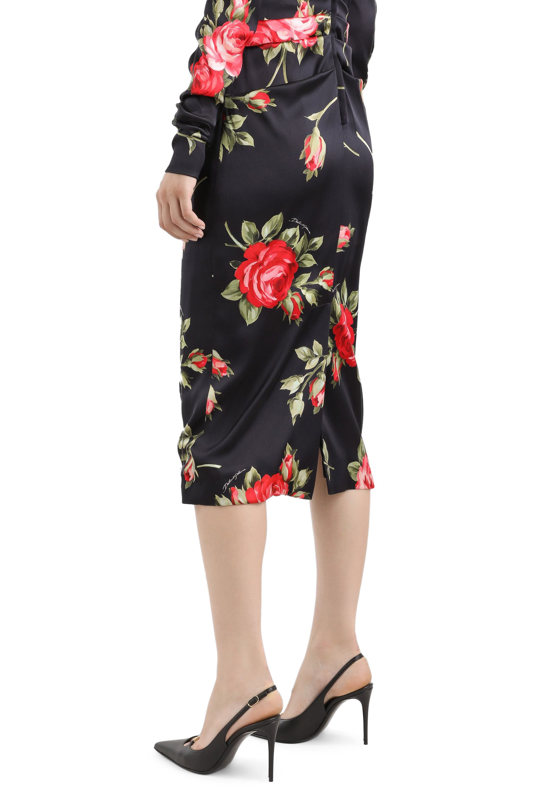 Rose Bouquet-Print Draped Satin Dress
