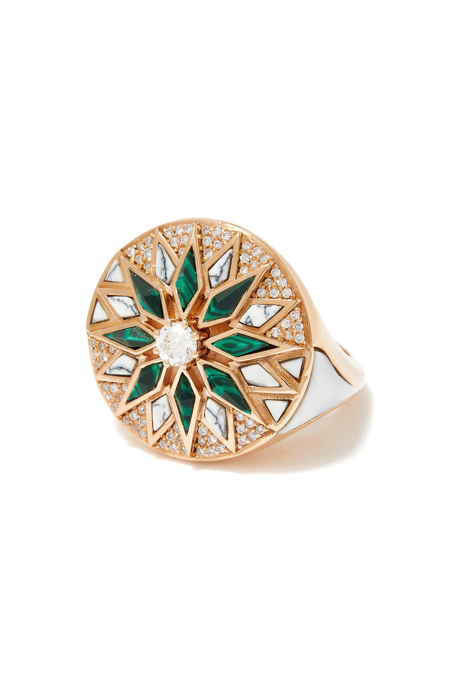 Nord Ring, 18k Rose Gold, Diamonds, White Agate & Malachite