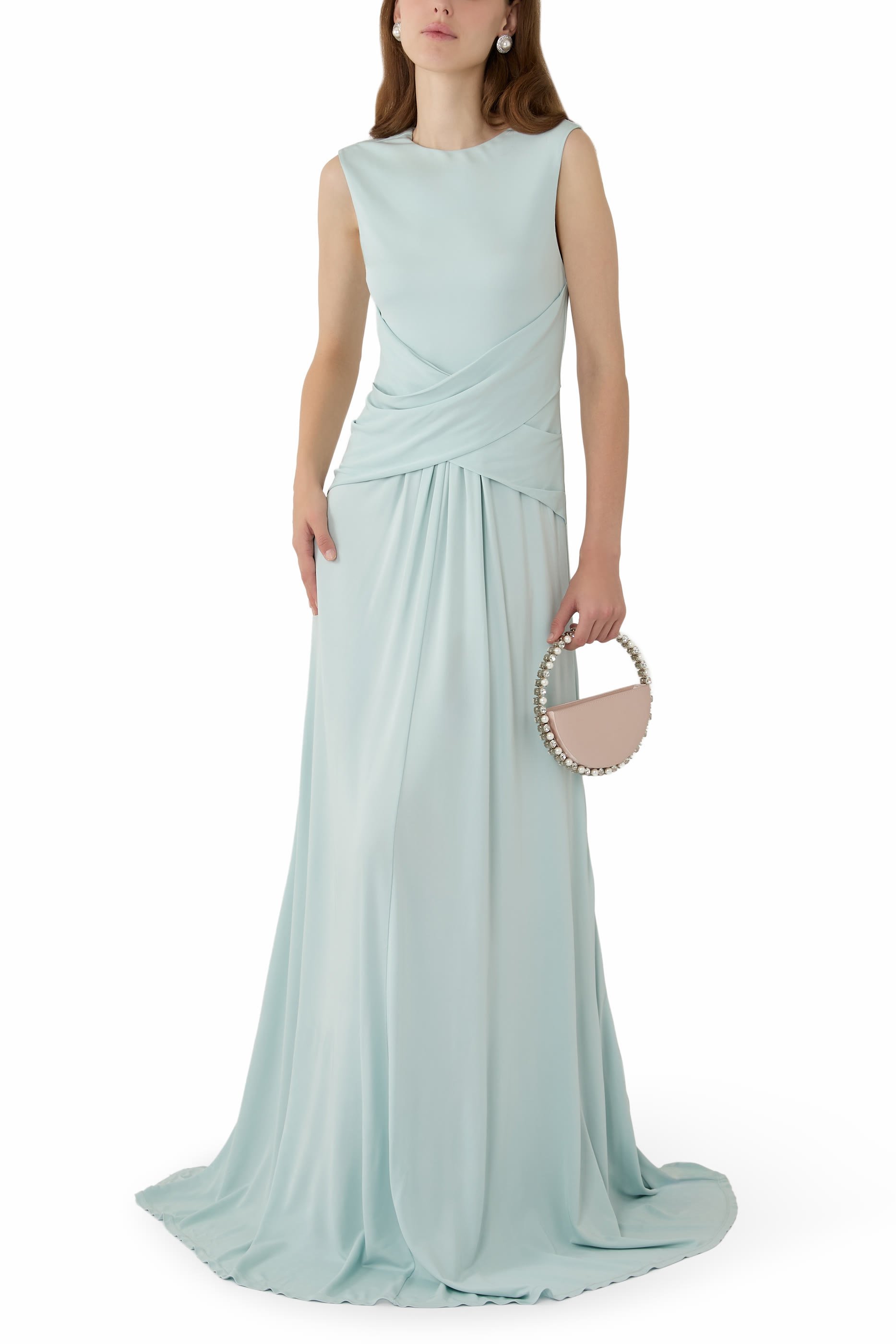  Waterfall Cross Drape Jersey Gown 