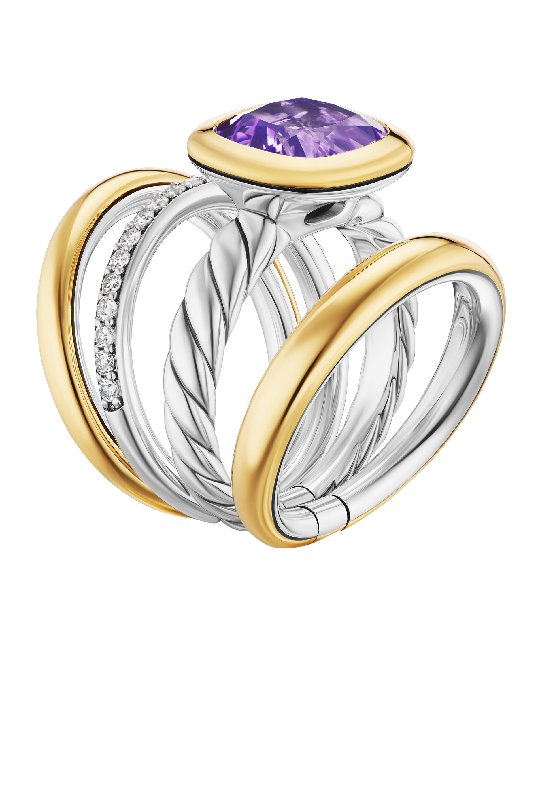  DY Mercer&reg; Four Row Stone Ring, Sterling Silver with 18K Yellow Gold, Diamonds & Amethyst