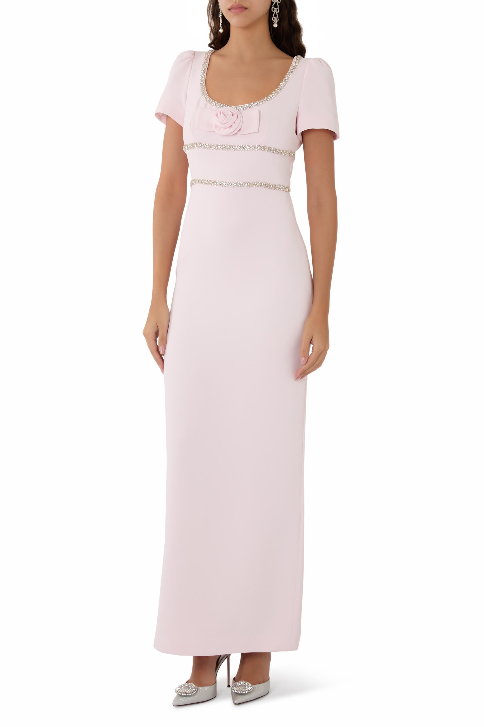 Crepe Crystal Trim Maxi Dress