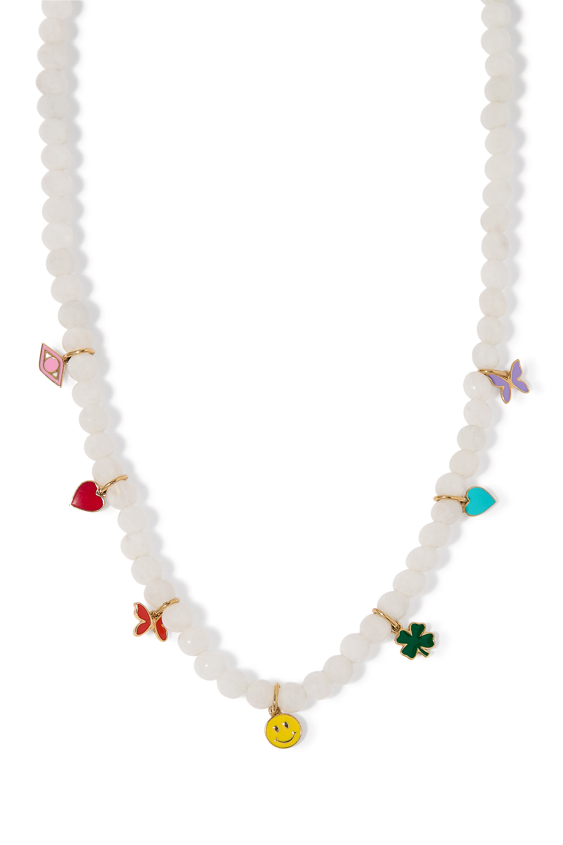 Gold & Enamel Tiny Charms Moonstone Necklace, 14K Yellow Gold, Enamel & Moonstone