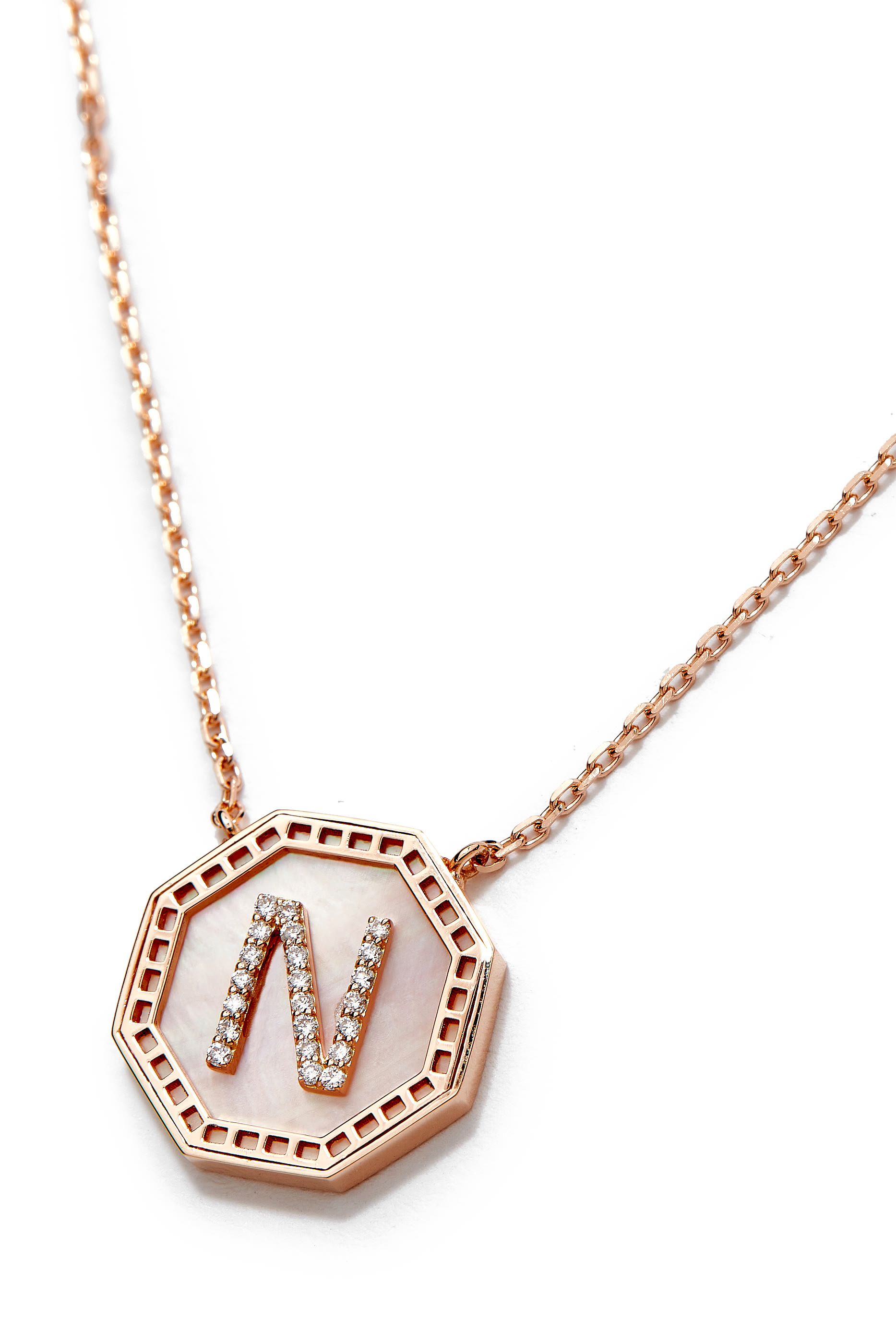 Harf Turath Letter N Pendant Necklace, 18k Rose Gold, Diamonds & Mother of Pearl
